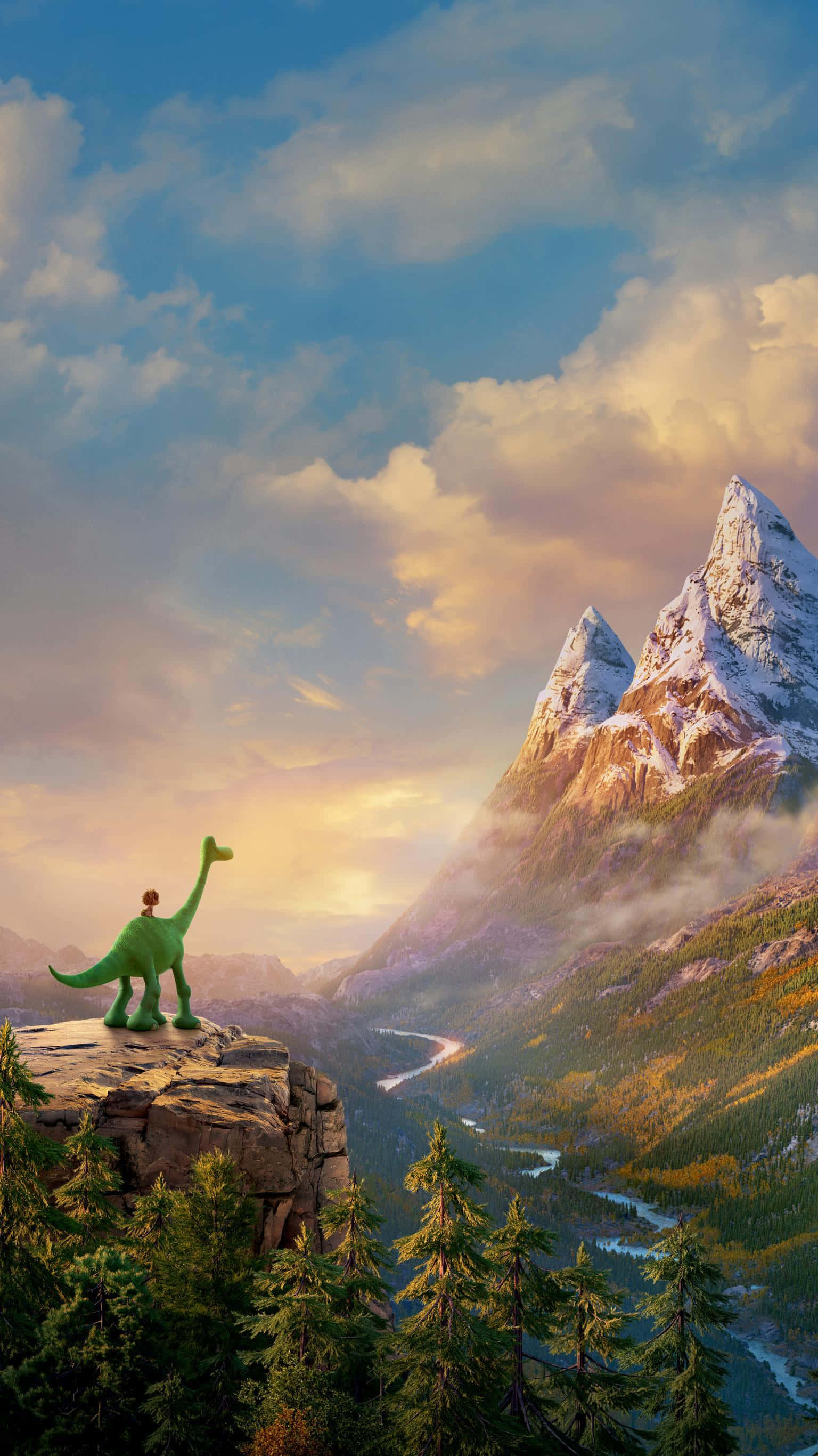 green dinosaur, cliff, valley, 2K Phone Wallpaper
