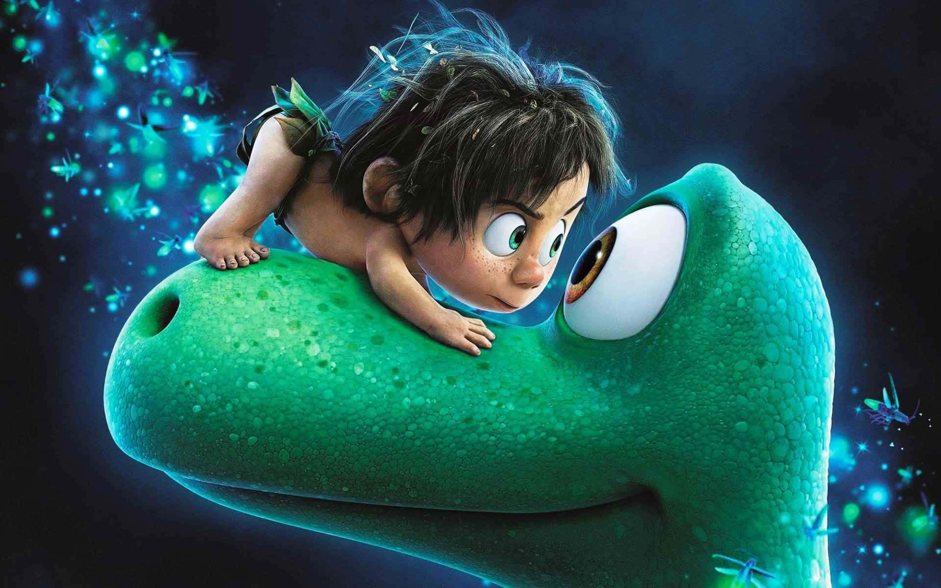 cute green dinosaur, young girl with dark hair, large green head, Full HD Desktop Wallpaper