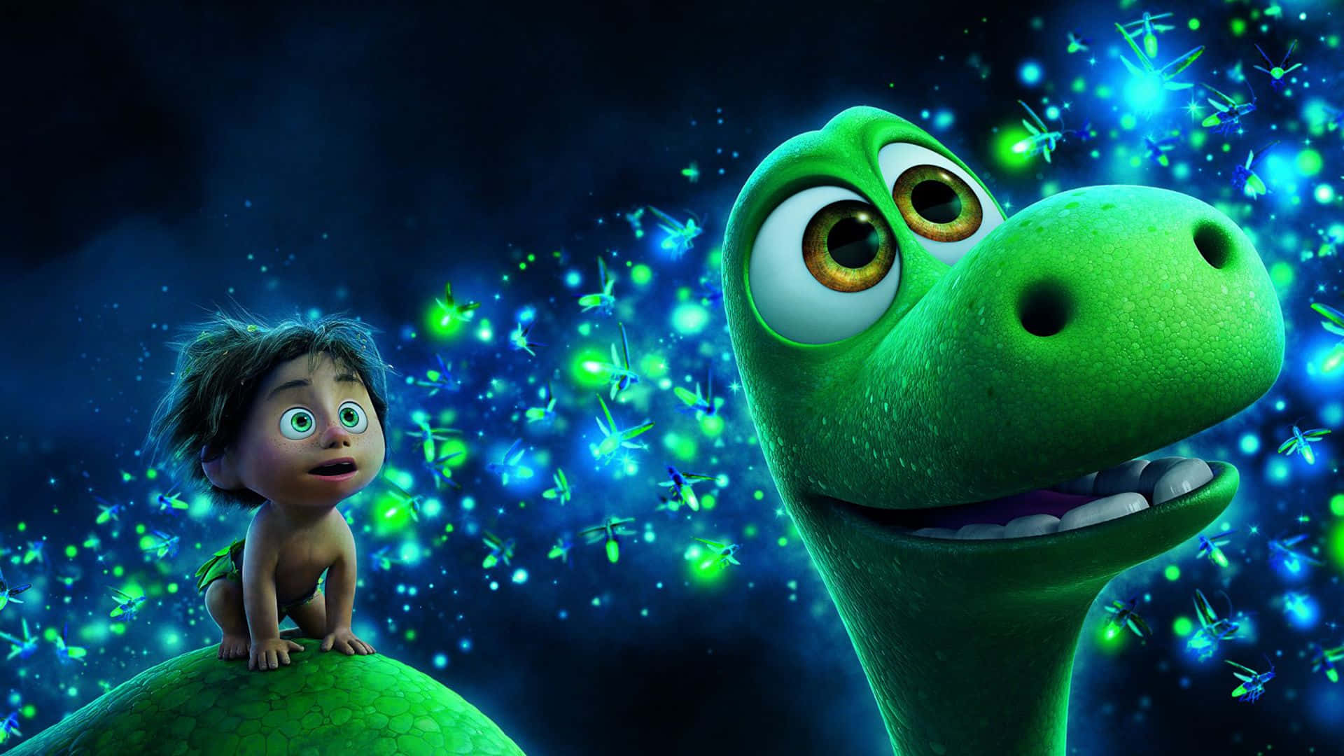 green dinosaur, young boy, glowing fireflies, Full HD Desktop Wallpaper