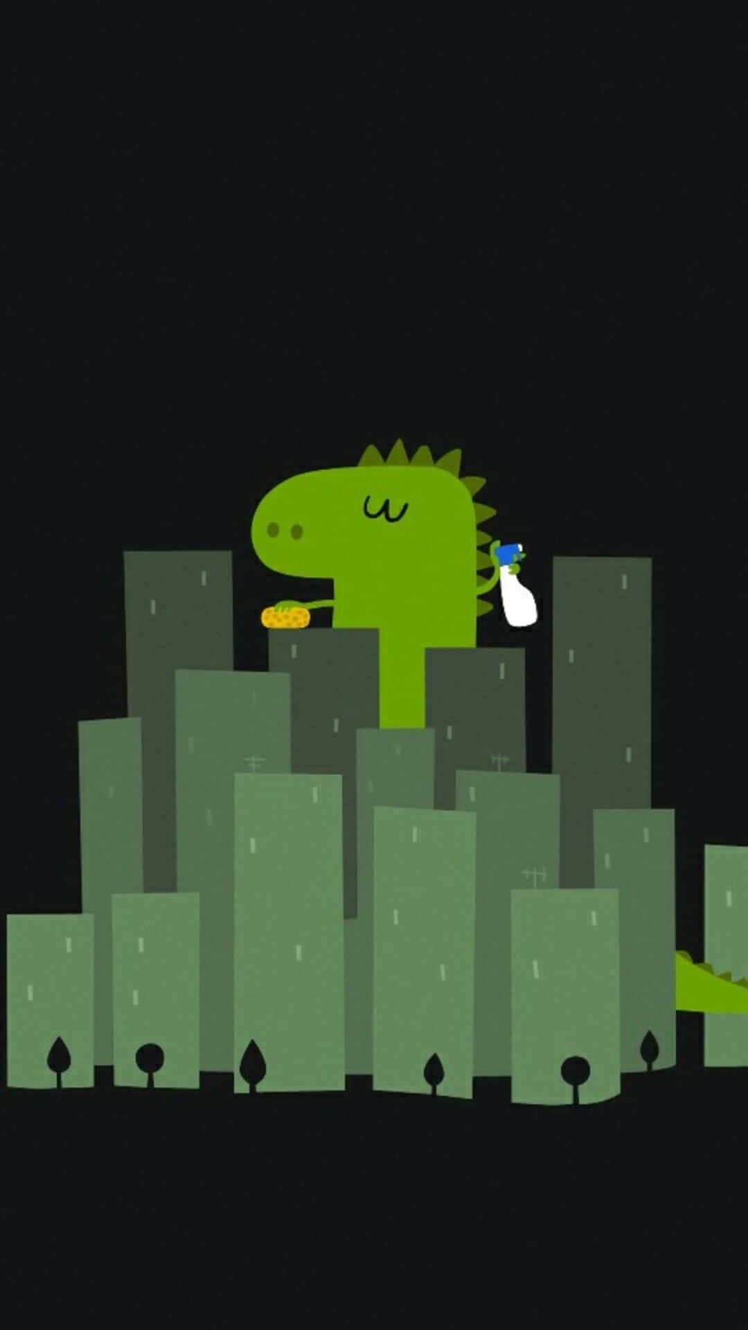 Cute Green Dinosaur, green cartoon dinosaur, stylized green city buildings, Full HD Phone Wallpaper