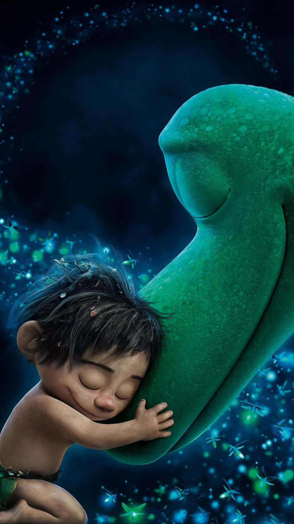 Cute Green Dinosaur, giant green creature, glowing blue fireflies, HD Phone Wallpaper
