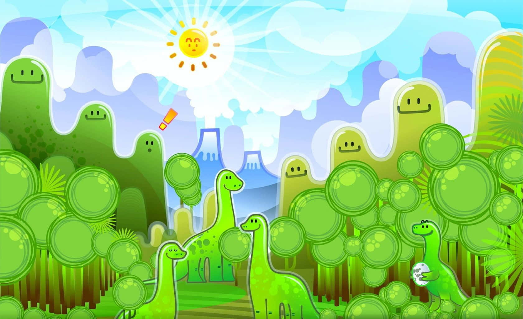 Cute Green Dinosaur, smiling green dinosaurs, bright sunny sky, HD Desktop Wallpaper