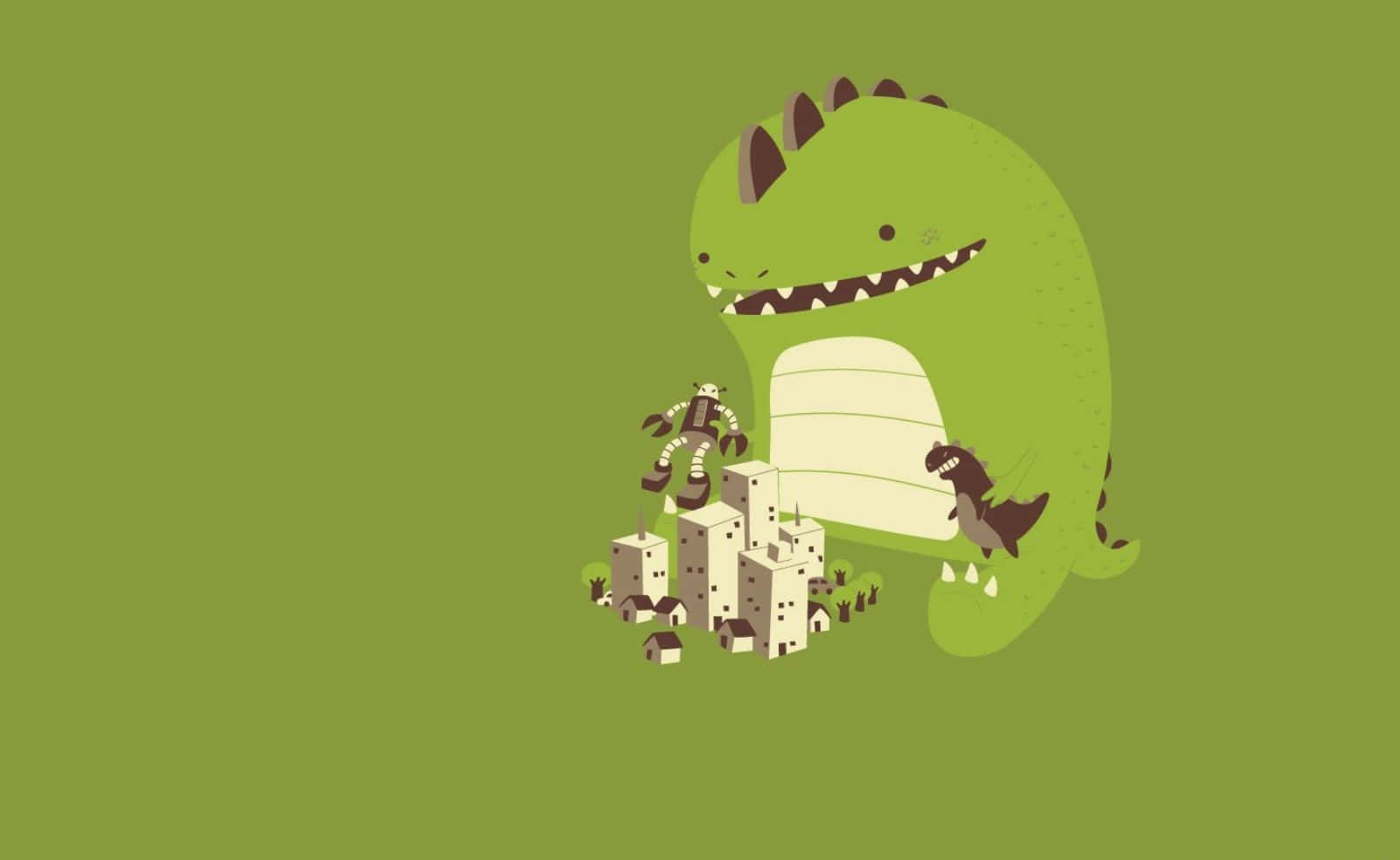 cute green dinosaur, cartoon dinosaur, forest, HD Desktop Wallpaper
