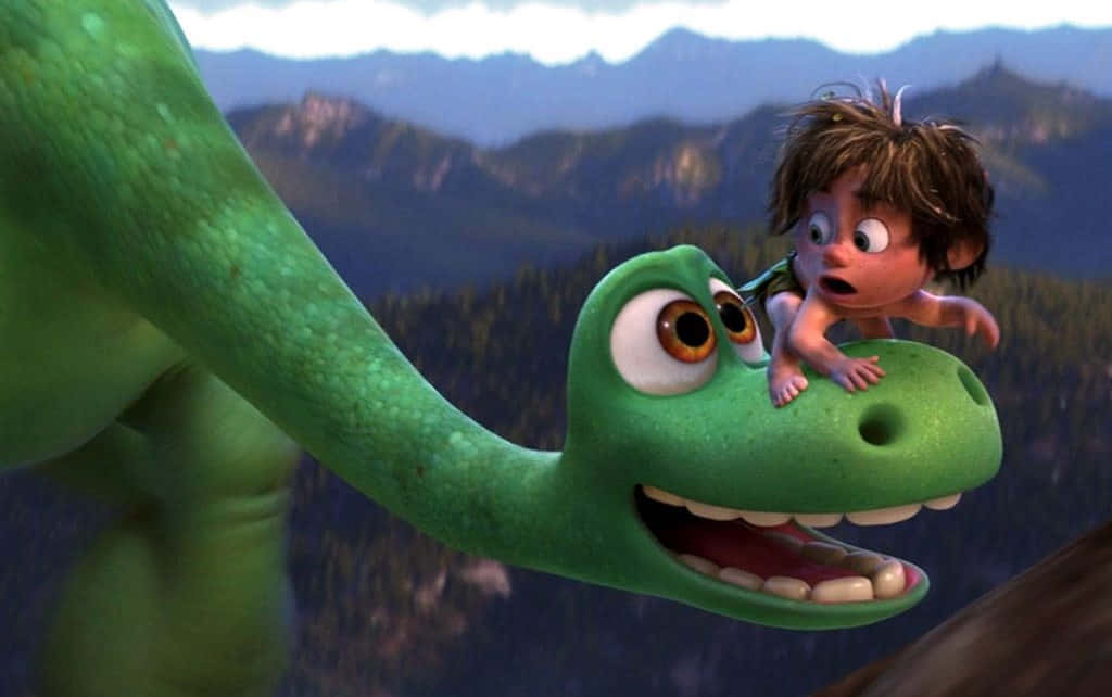 cute green dinosaur, small boy, giant green dinosaur, SD Desktop Wallpaper