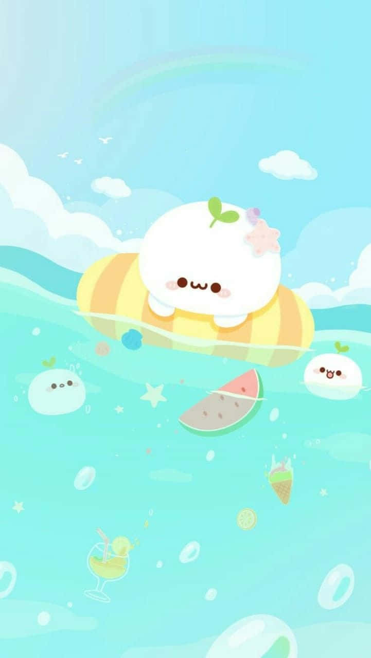 cute green kawaii, white character, yellow inflatable ring, HD Phone Wallpaper