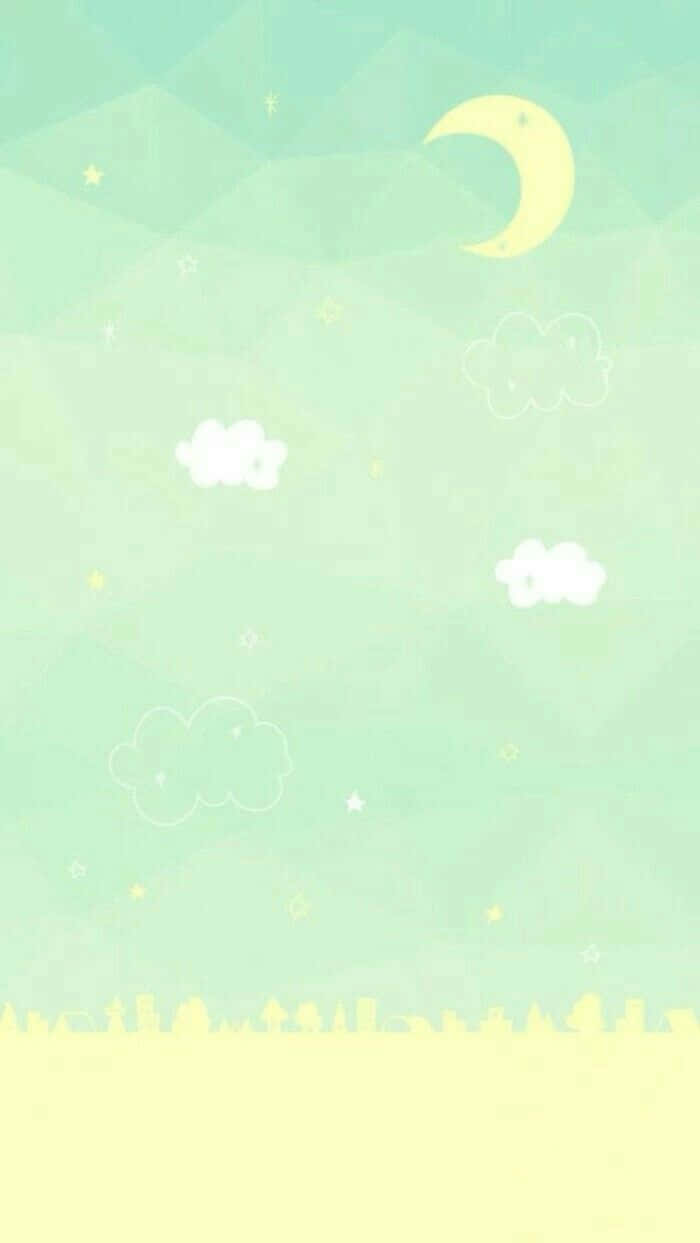 Cute Green Kawaii, pastel green sky, yellow crescent moon, SD Phone Wallpaper