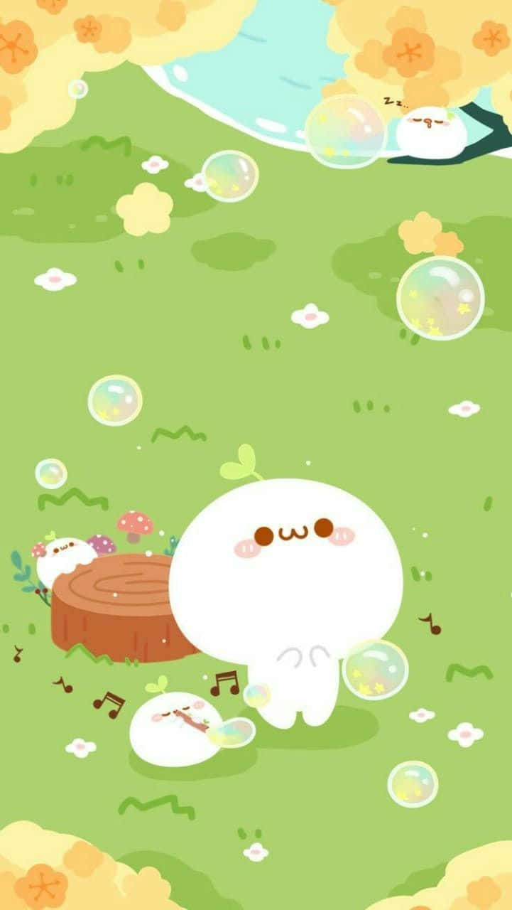 Cute Little Kawaii Monster, big green eyes, white cartoon character, HD Phone Wallpaper
