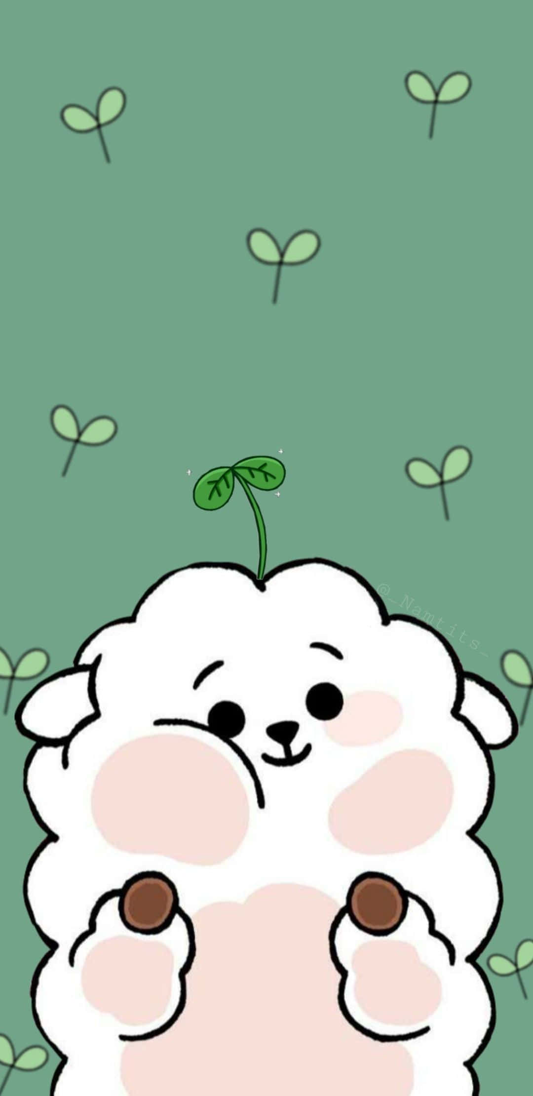 cute green kawaii, fluffy white sheep, sprout, Full HD Phone Wallpaper