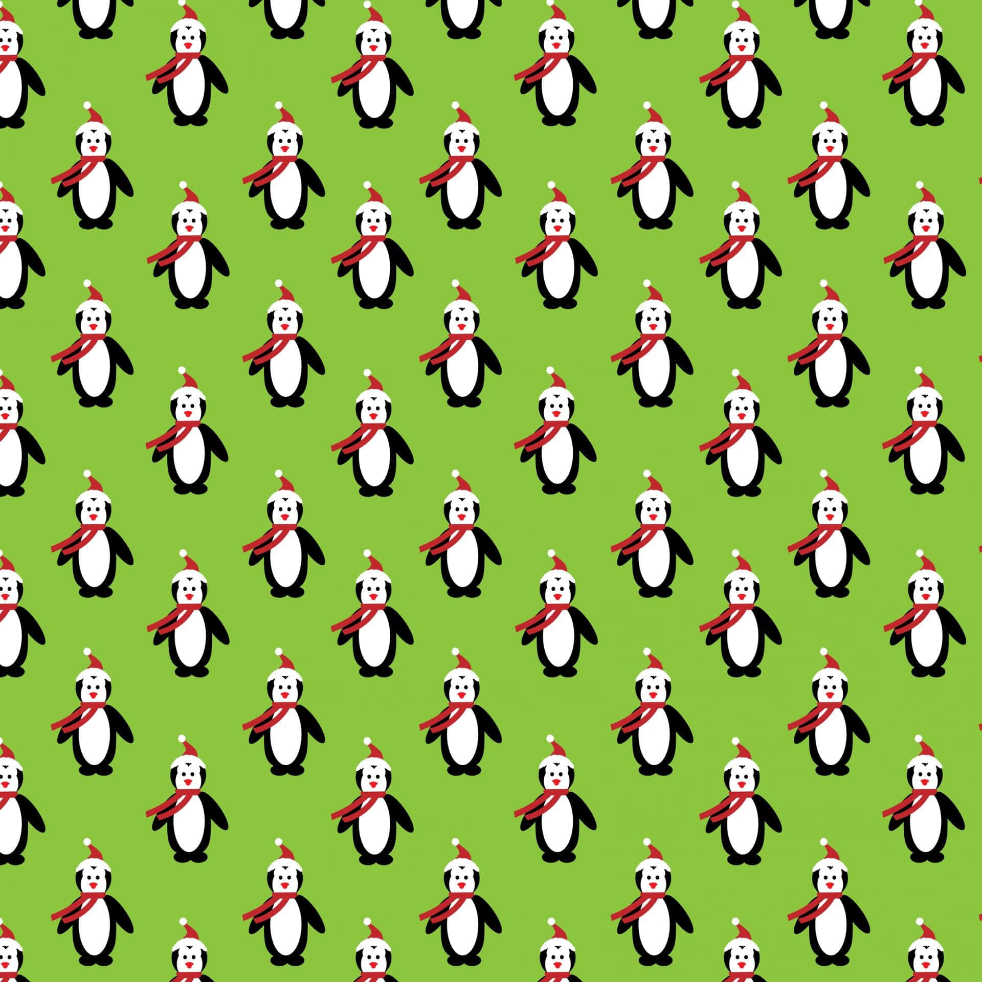 Cute Green Christmas Penguin Collage, cartoon penguins, red hats, Full HD Desktop Wallpaper