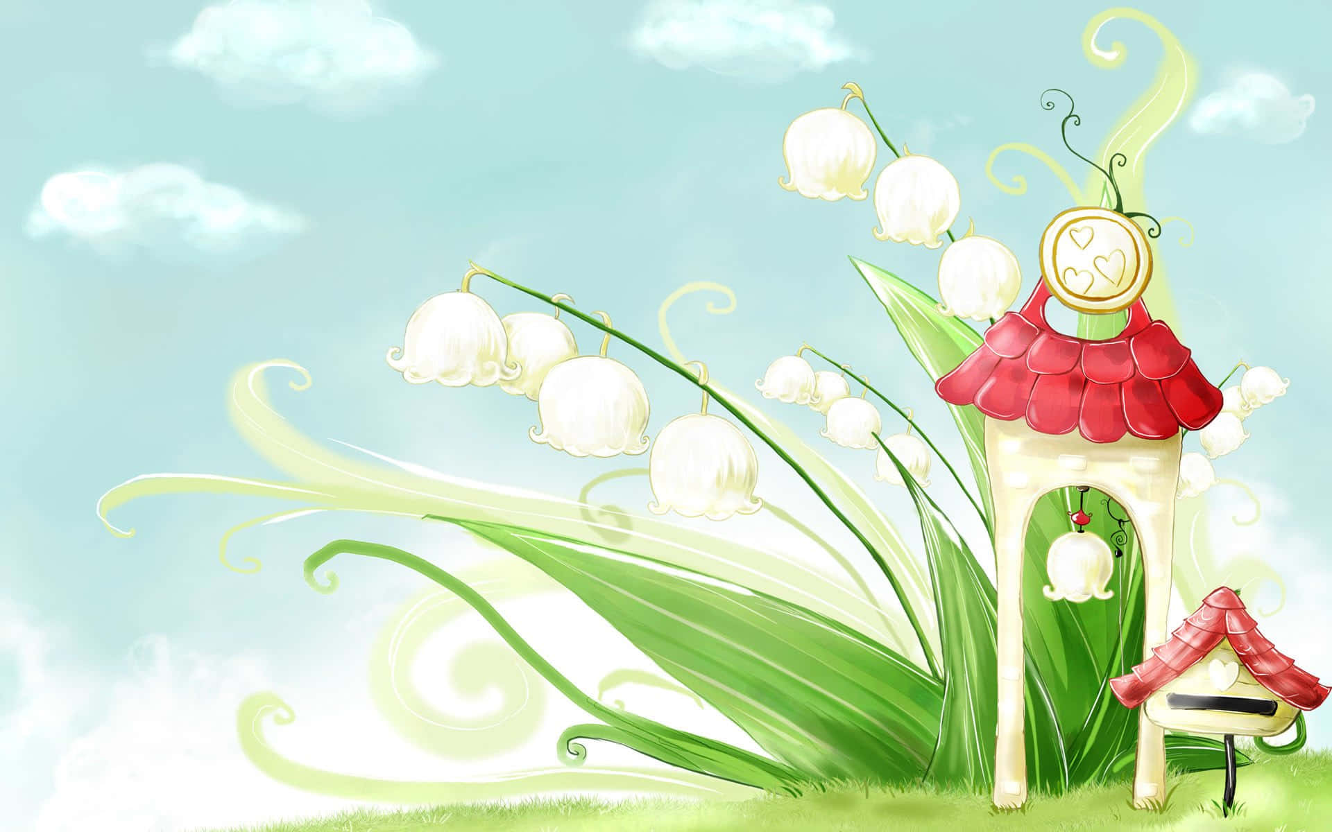 fairy house, lily of the valley flowers, soft blue sky, Full HD Desktop Wallpaper