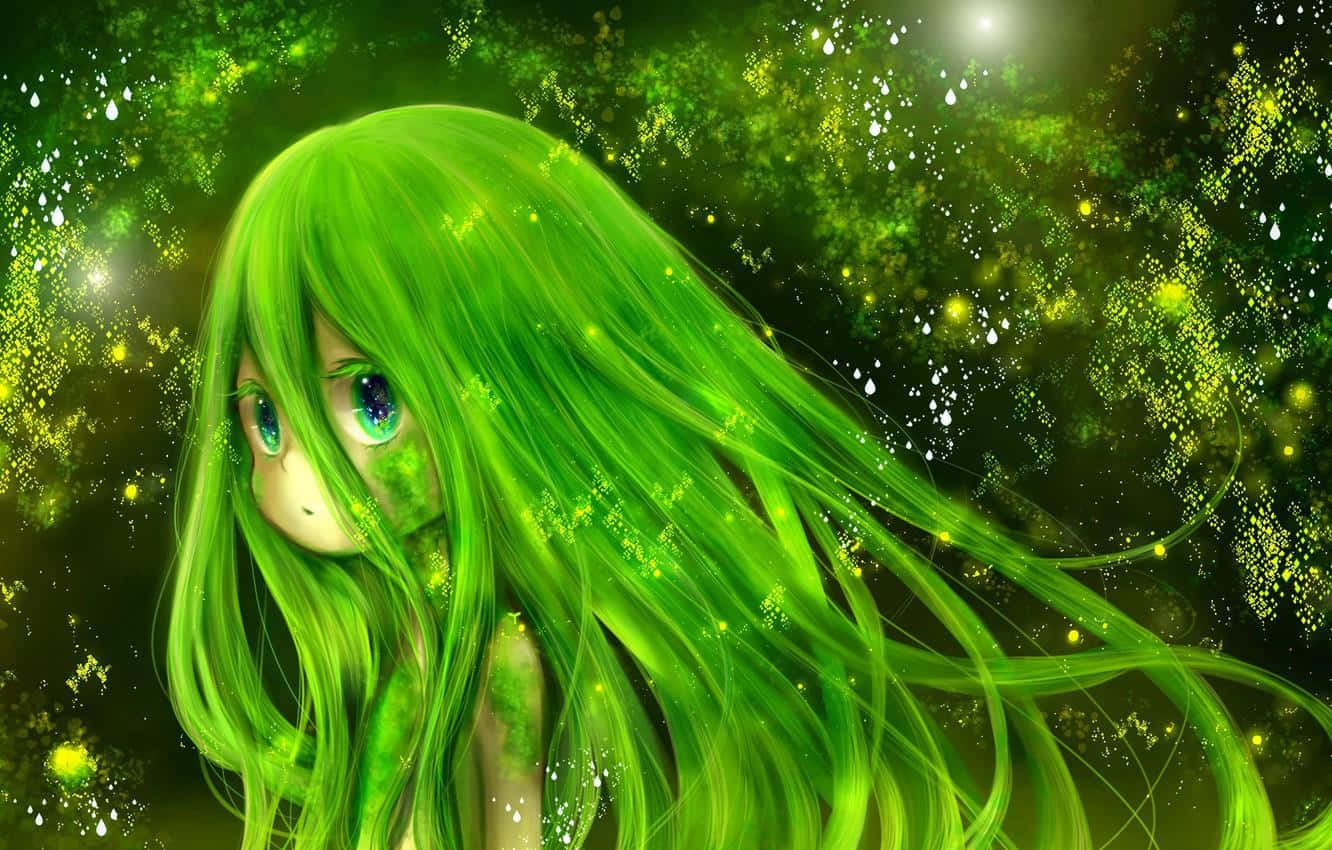 Cute Green Kawaii Anime, glowing anime girl, vibrant green hair, HD Desktop Wallpaper