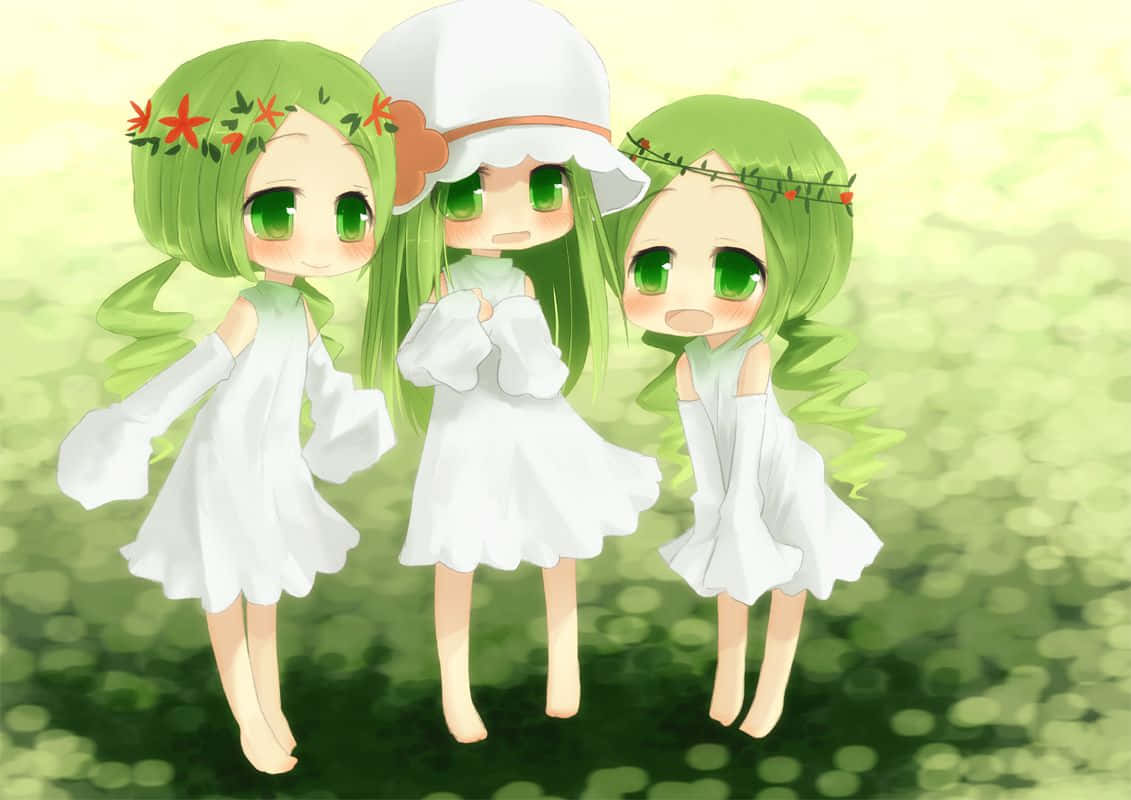 chibi anime girls, green hair, white dresses, SD Desktop Wallpaper