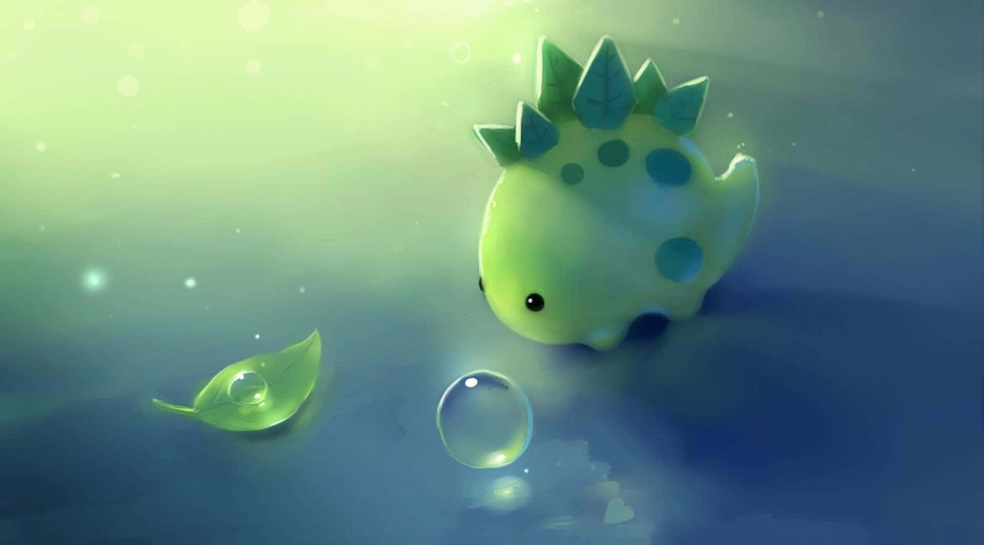 Cute Green Kawaii Dinosaur, green dinosaur, leaf spikes, Full HD Desktop Wallpaper