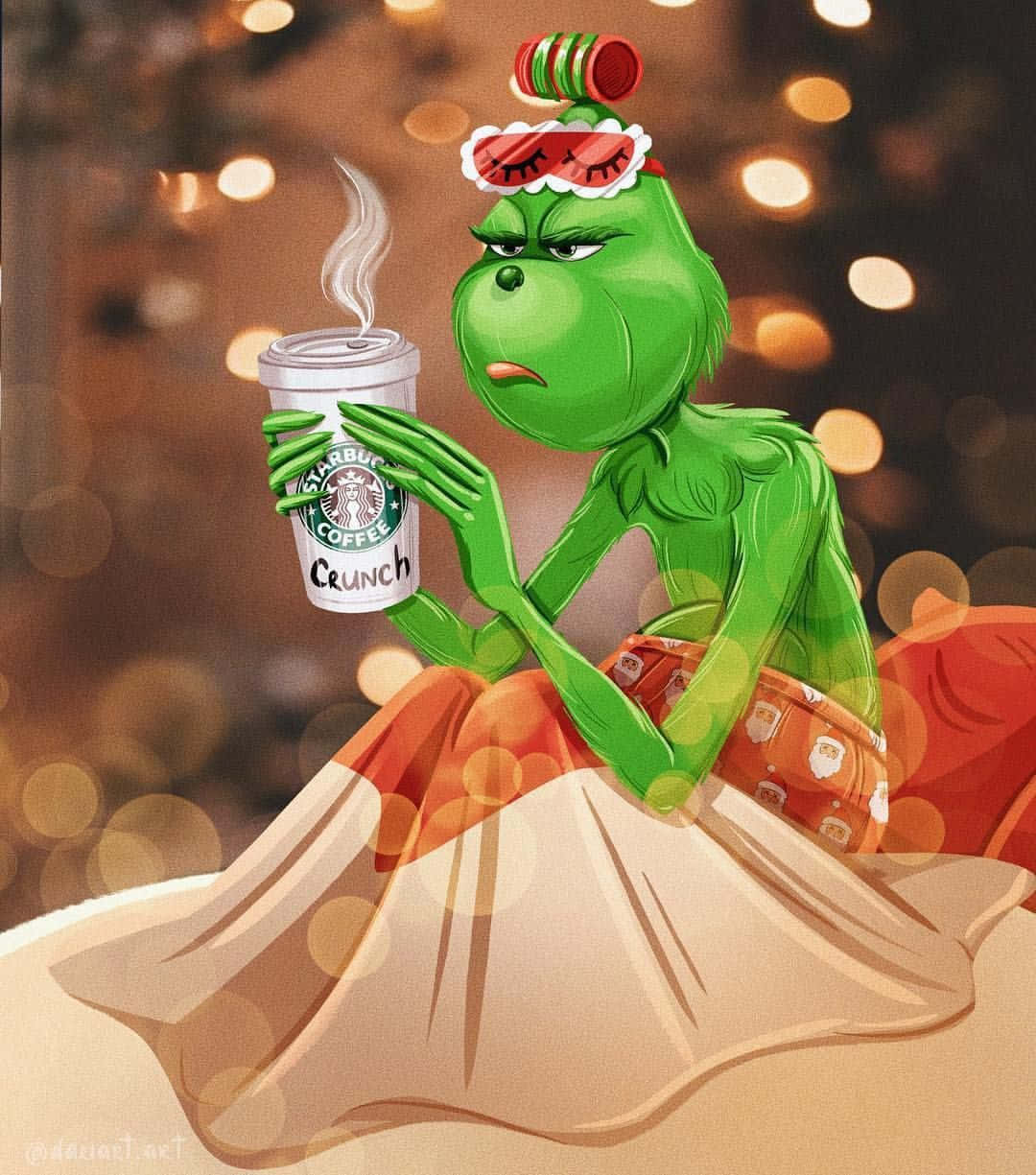 Cute Grinch, pajamas, Starbucks coffee, SD Phone Wallpaper