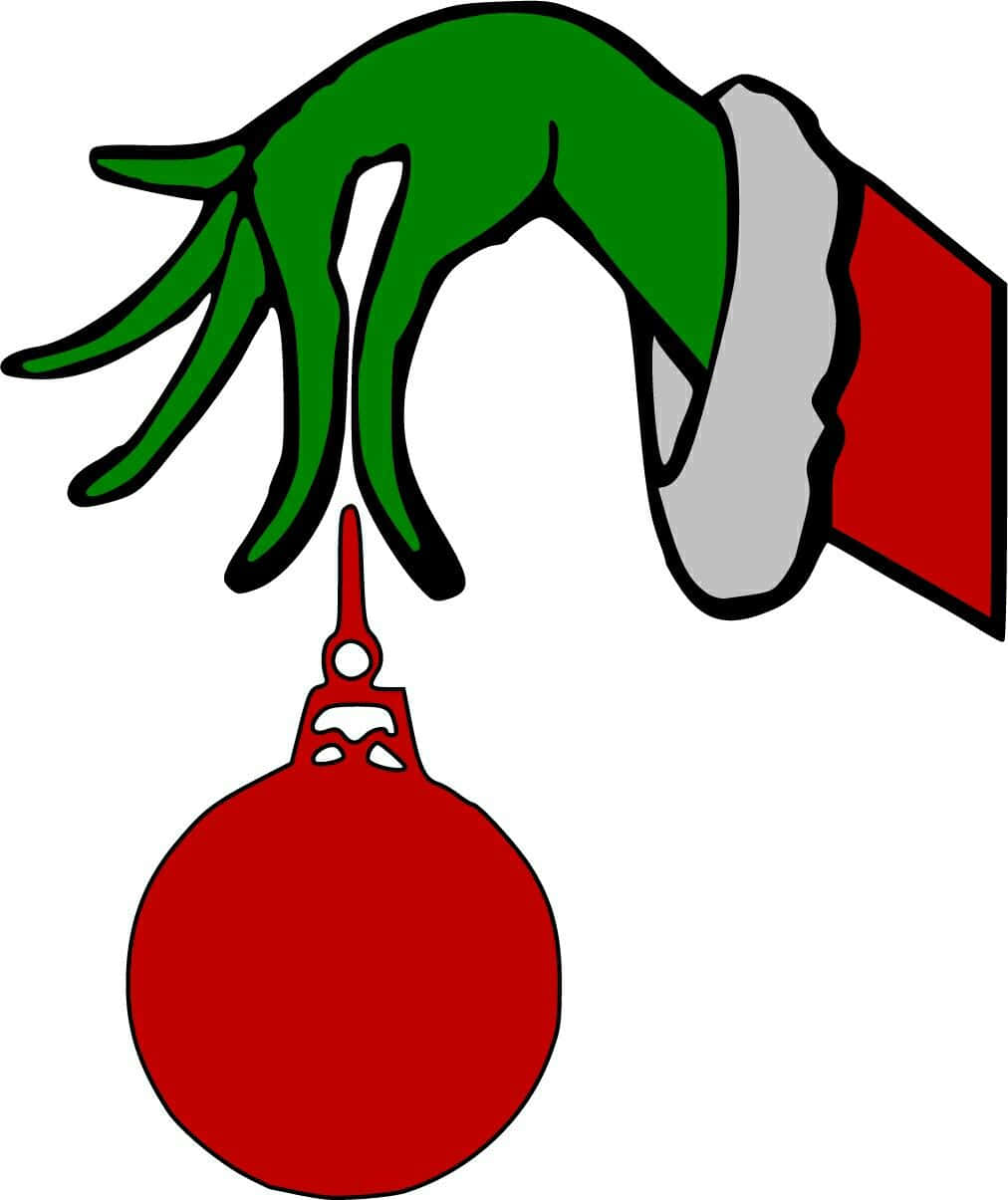 Cute Grinch, cartoon green hand, red Christmas ornament, SD Phone Wallpaper