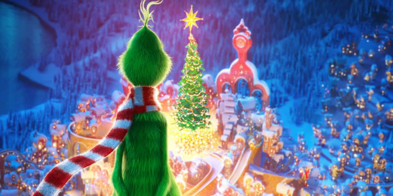 Grinch, red white striped scarf, glowing festive town, HD Desktop Wallpaper