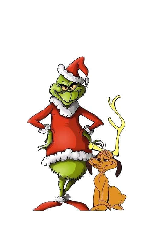 Grinch, red Santa suit with white trim, smiling brown dog, SD Phone Wallpaper