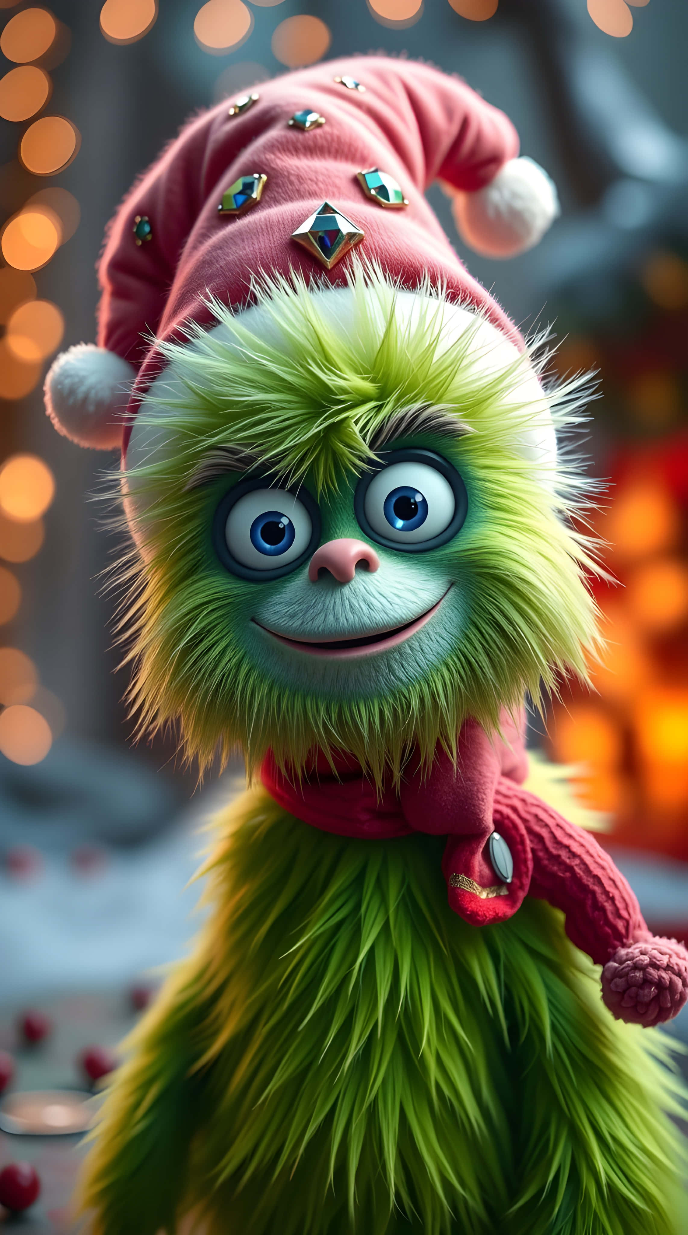 Grinch, jeweled pink Santa hat, scarf, 4K Phone Wallpaper