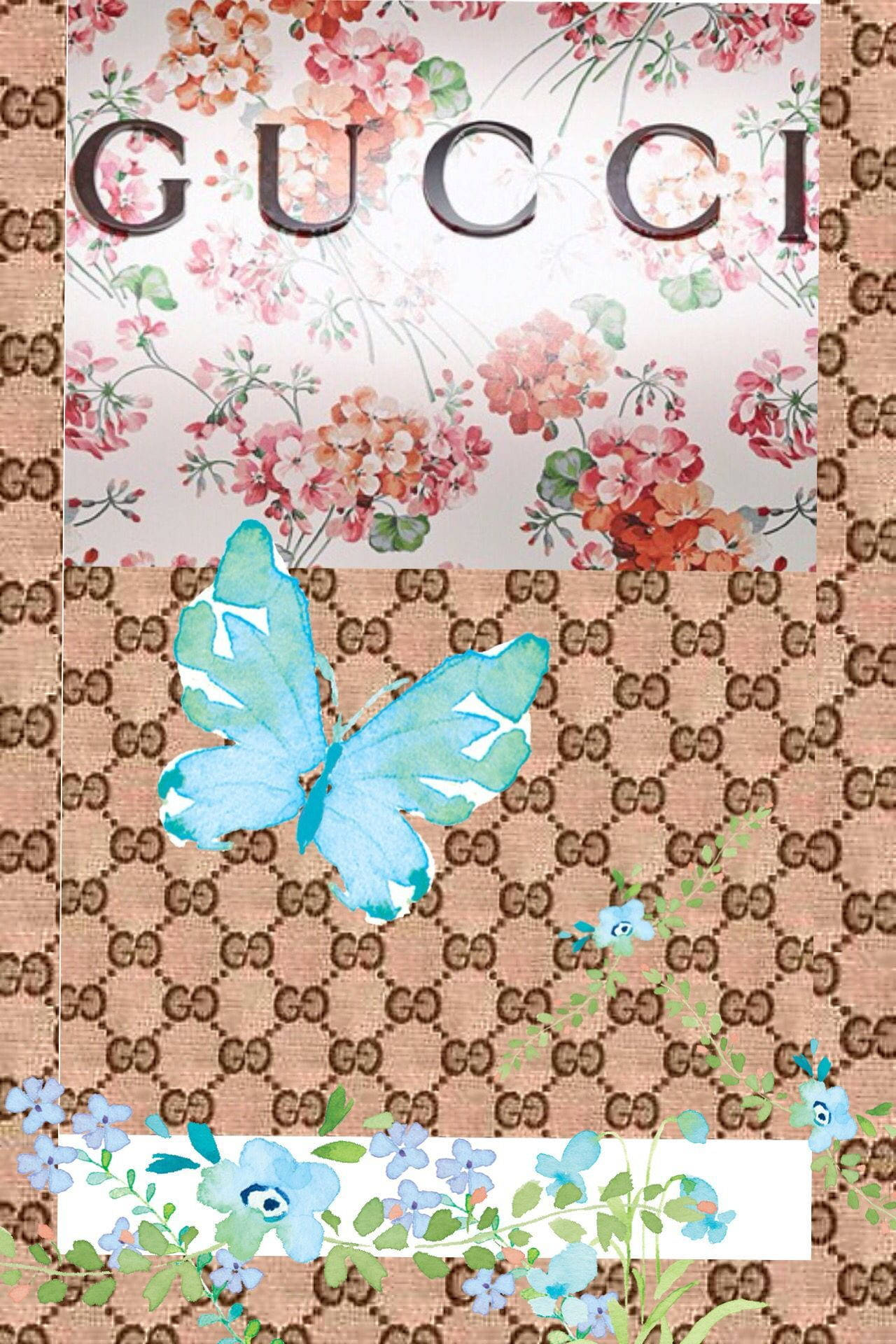 Gucci, blue butterfly, brown GG monogram background, Full HD Phone Wallpaper