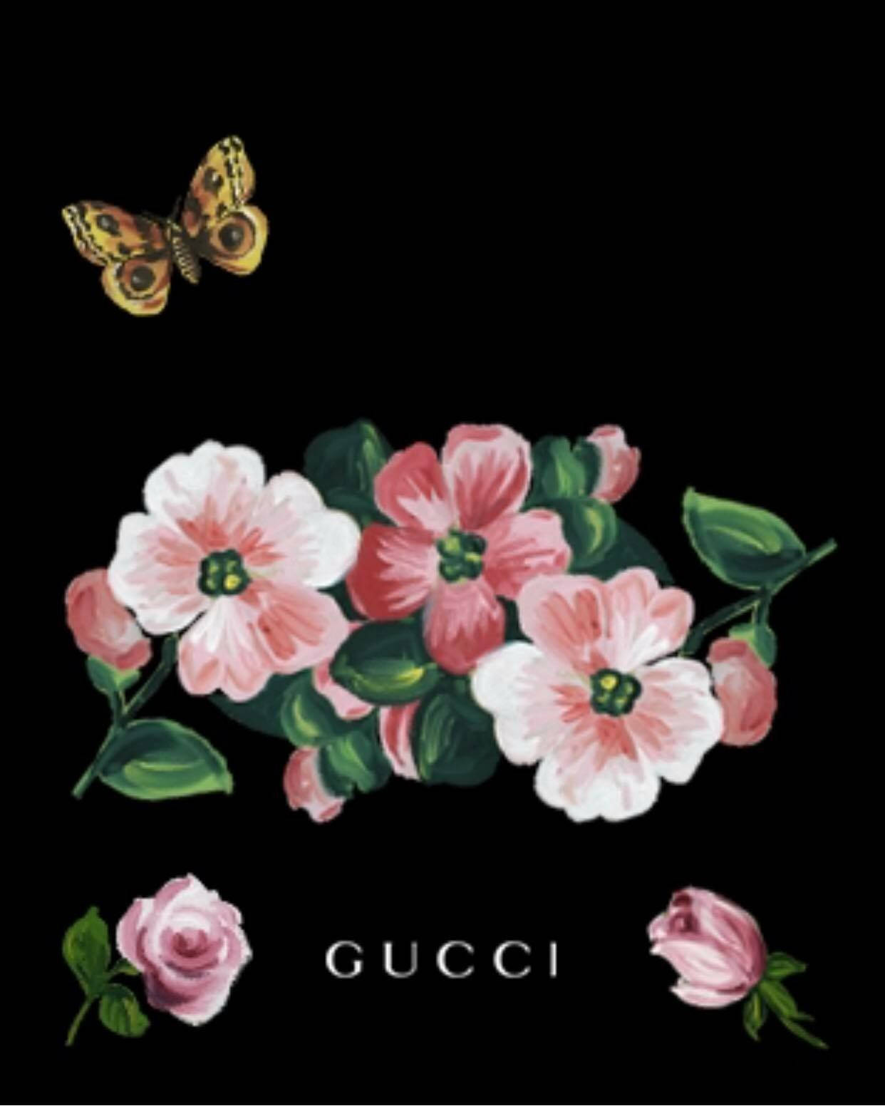 Gucci, floral butterfly design, black background, HD Phone Wallpaper