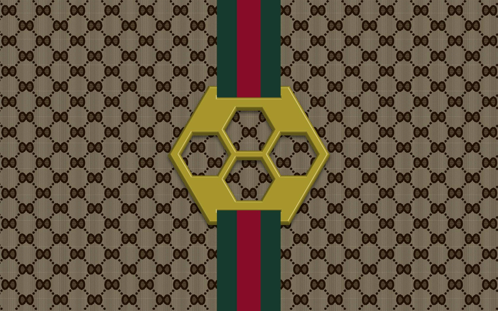 Gucci, golden hexagonal logo, honeycomb cutouts, HD Desktop Wallpaper