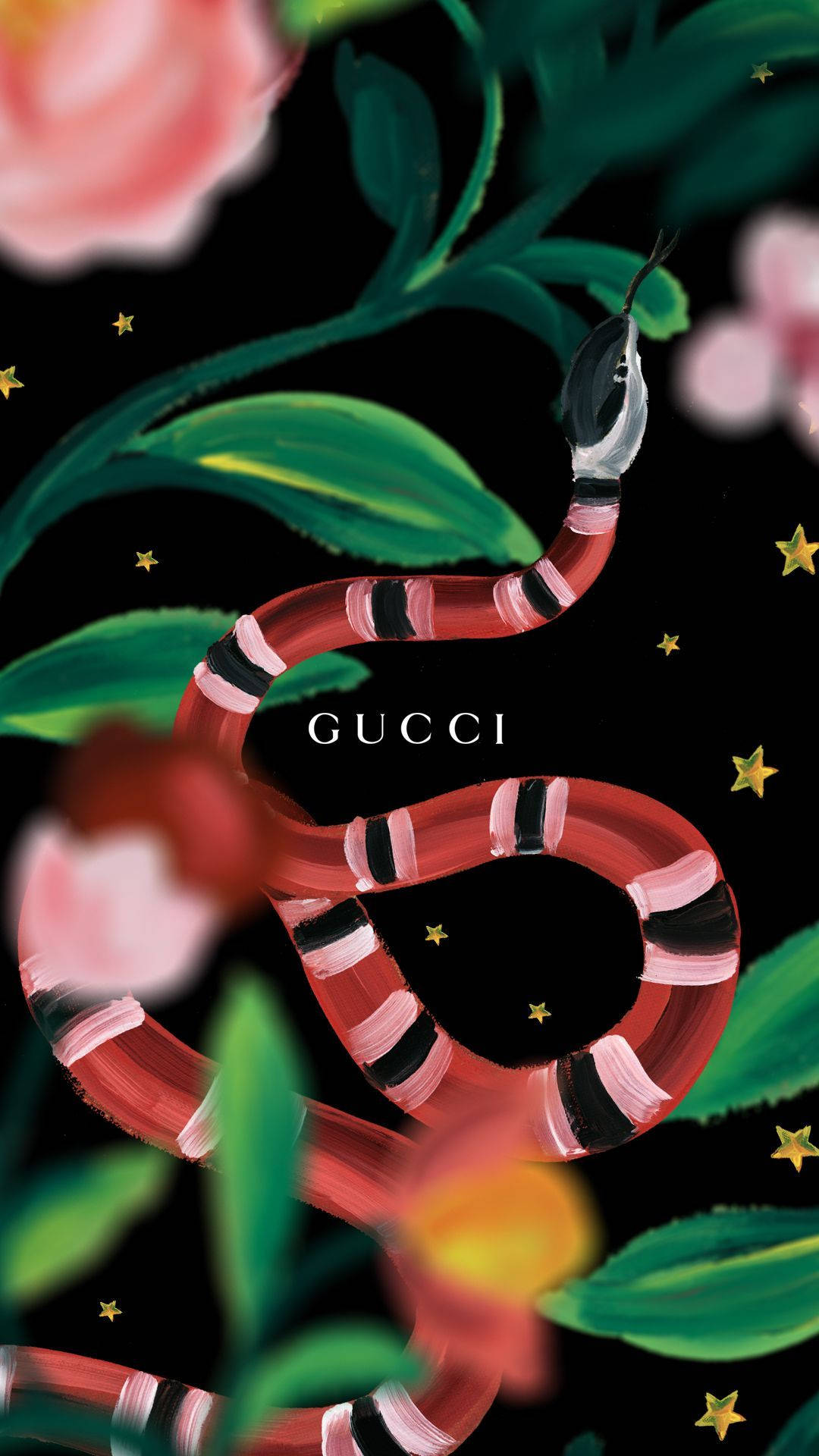 Gucci, red and black snake, pink flowers, Full HD Phone Wallpaper