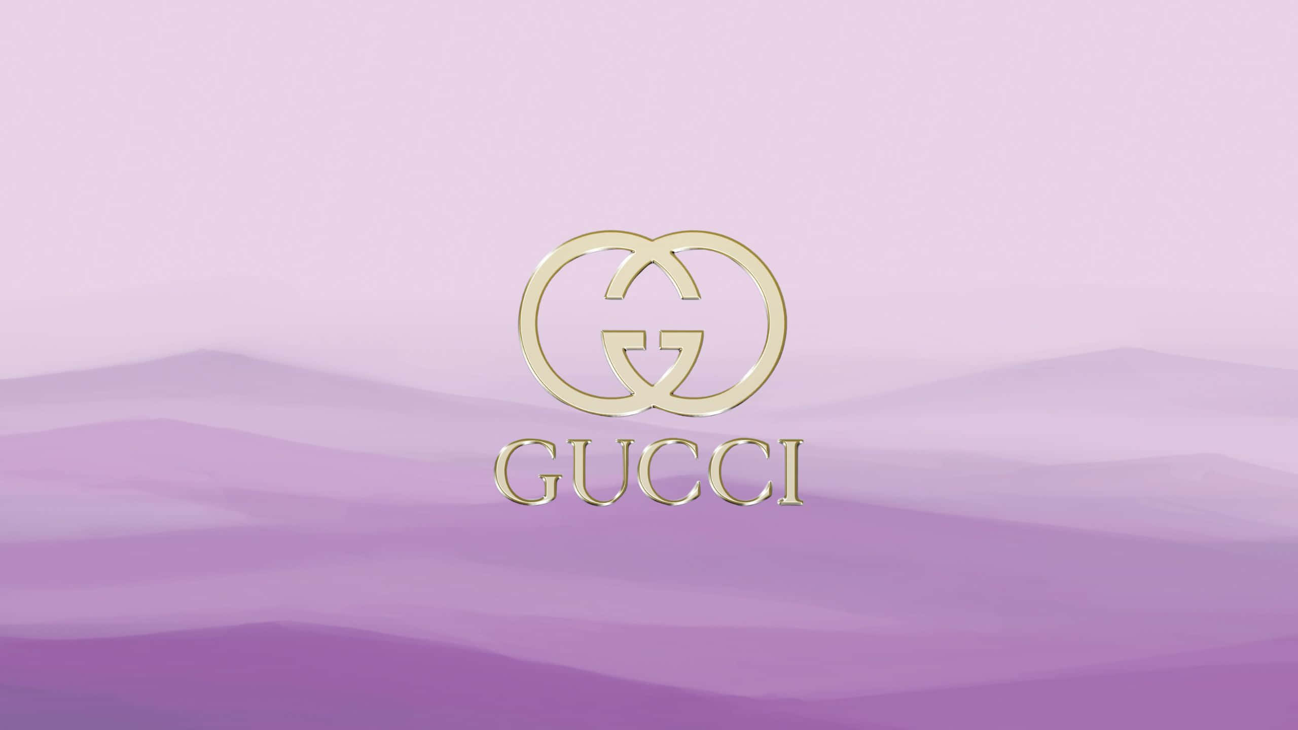 Gucci, golden Gucci logo, soft purple mountain silhouettes, 2K Desktop Wallpaper