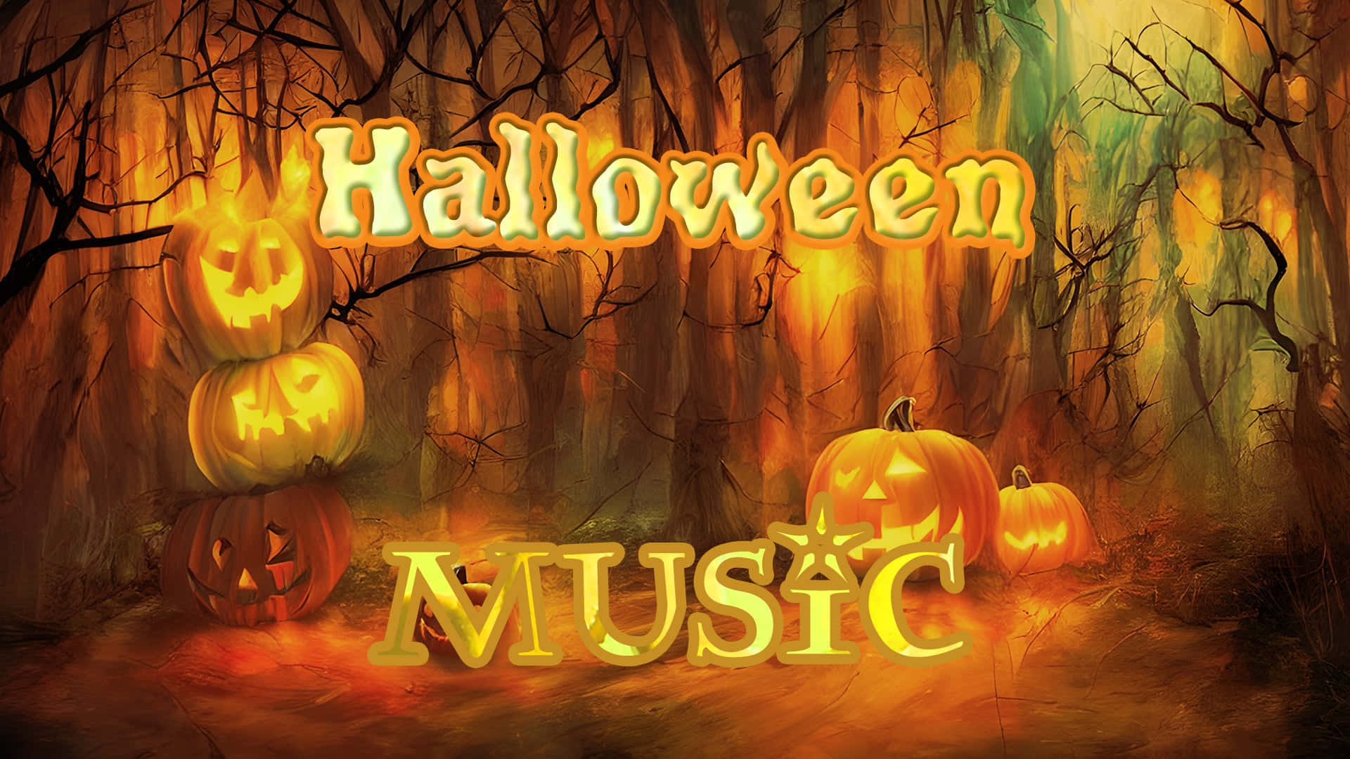 spooky forest, glowing jack-o'-lanterns, fiery orange light, Full HD Desktop Wallpaper