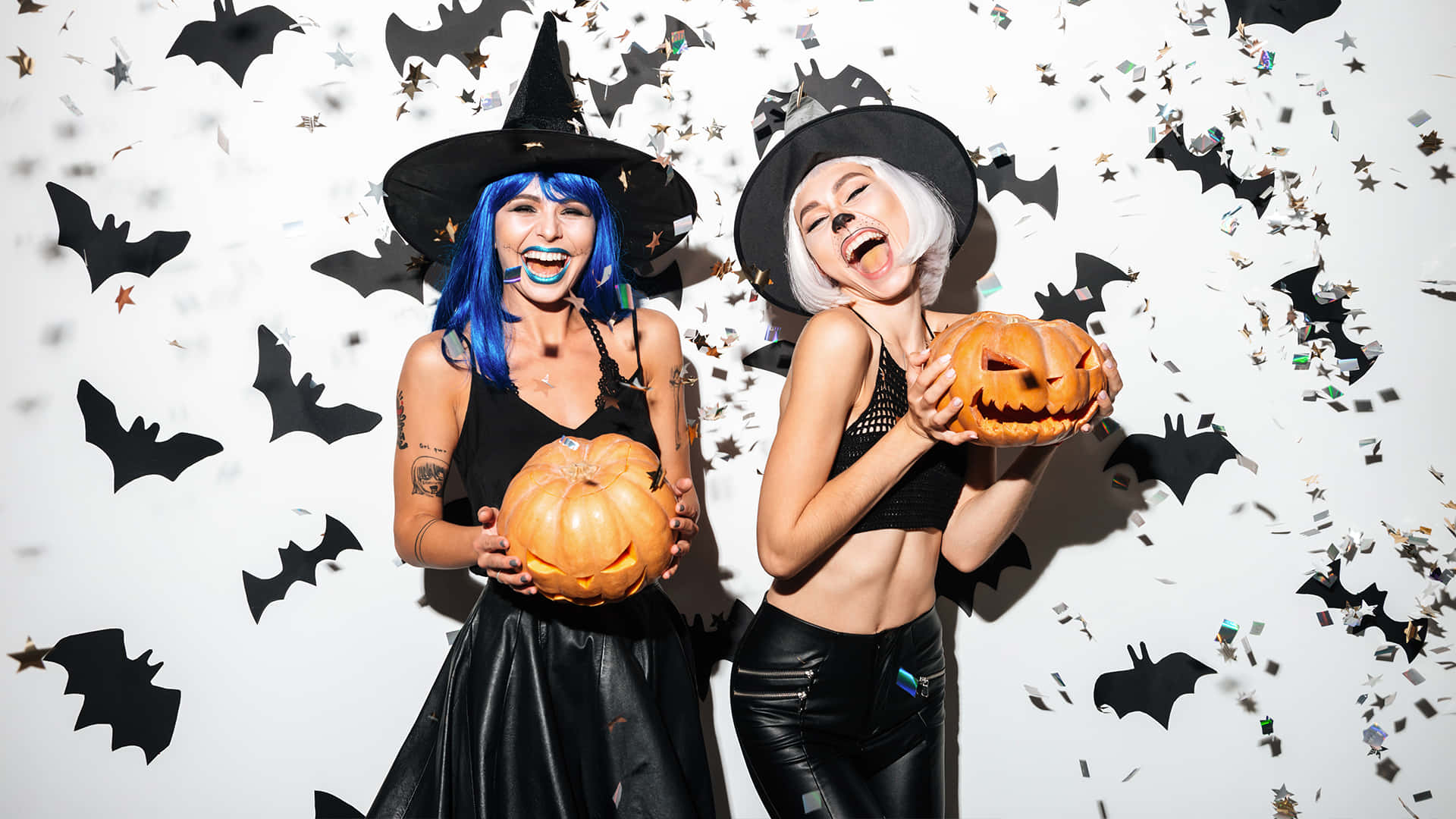 witch costumes, jack-o-lanterns, bat cutouts, Full HD Desktop Wallpaper