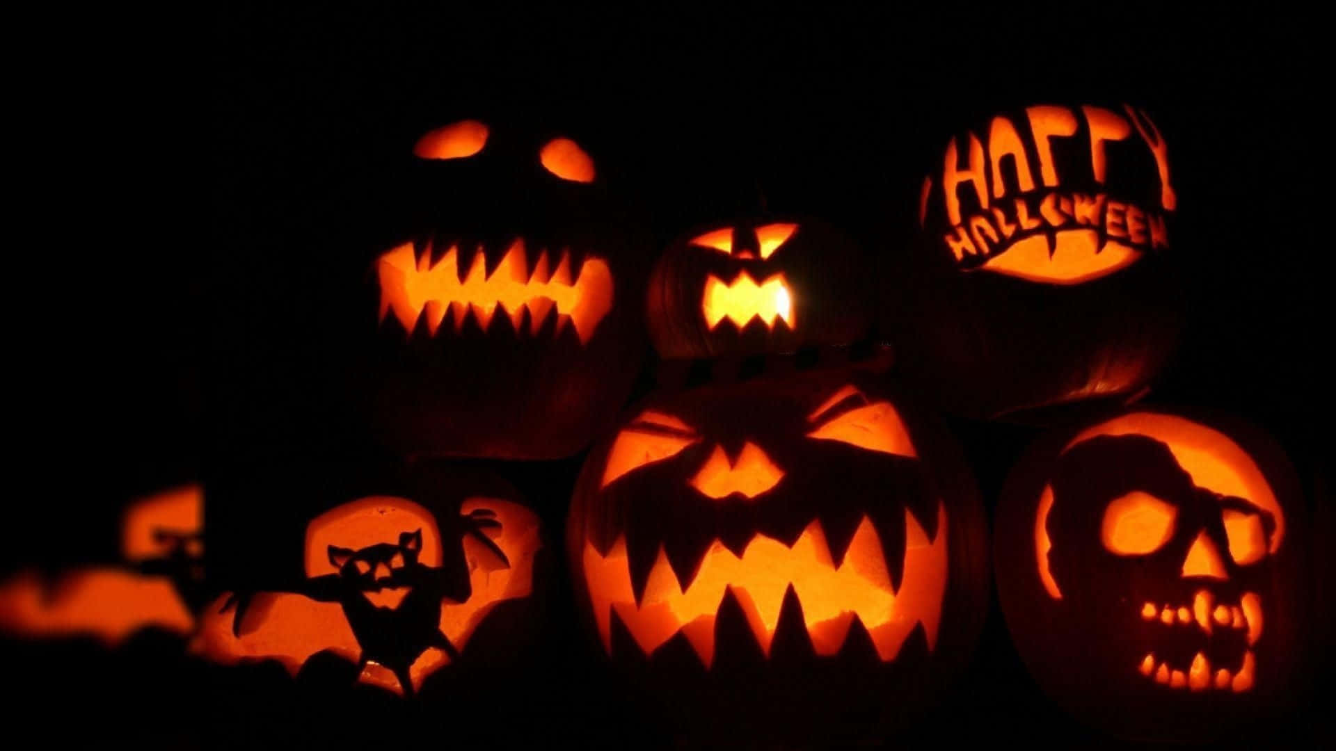 jack-o'-lanterns, menacing carved faces, happy halloween text, Full HD Desktop Wallpaper