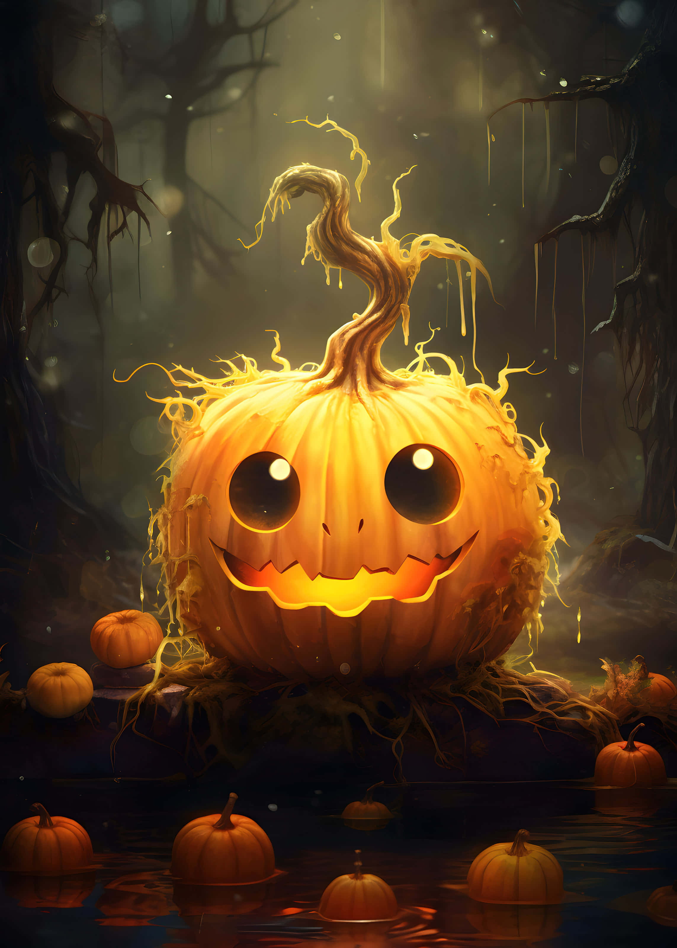 Enchanted Forest Jack O Lantern, glowing orange jack-o'-lantern, wide eyes, 2K Phone Wallpaper
