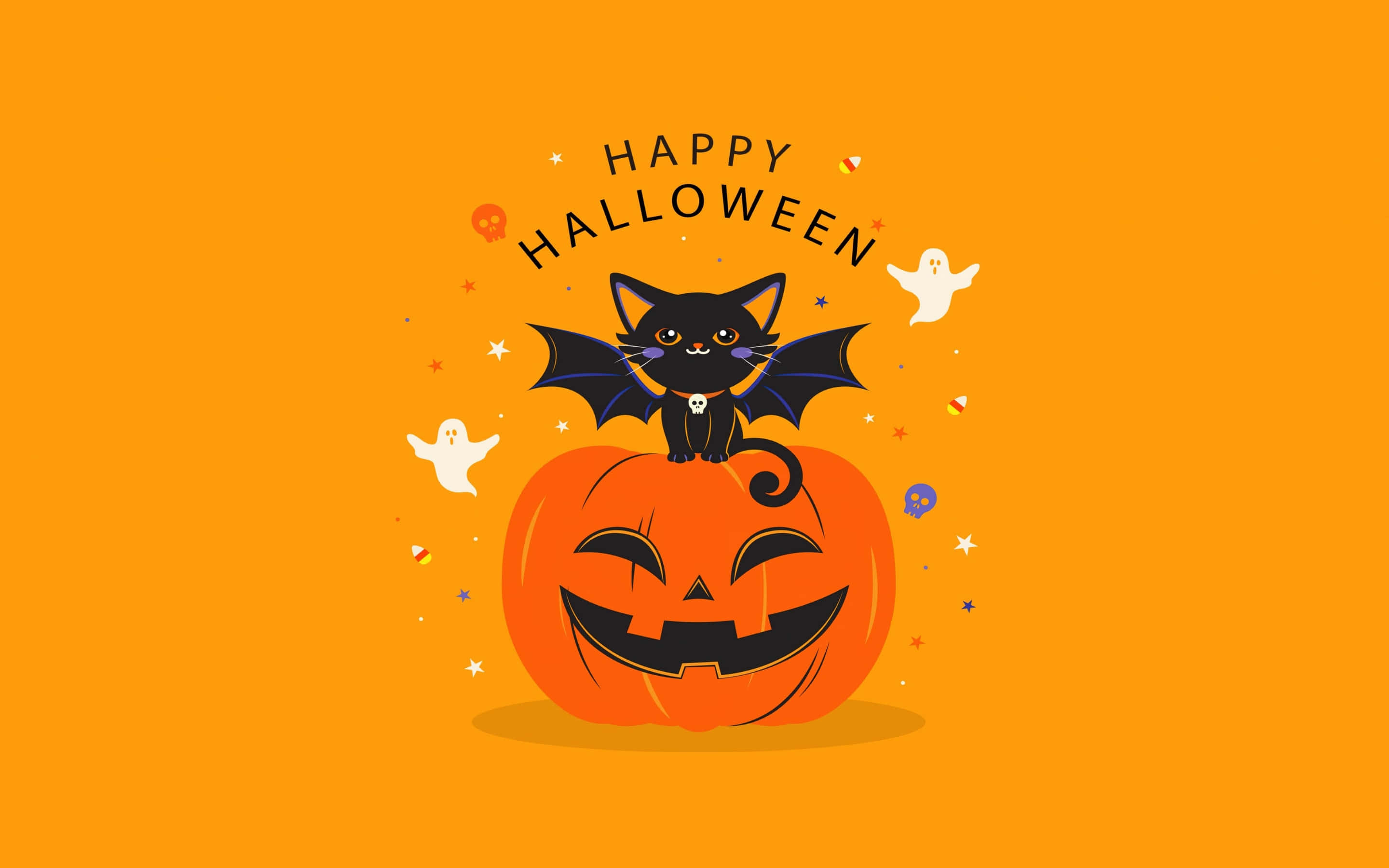 black bat cat, smiling jack o' lantern, vibrant orange background, 2K Desktop Wallpaper