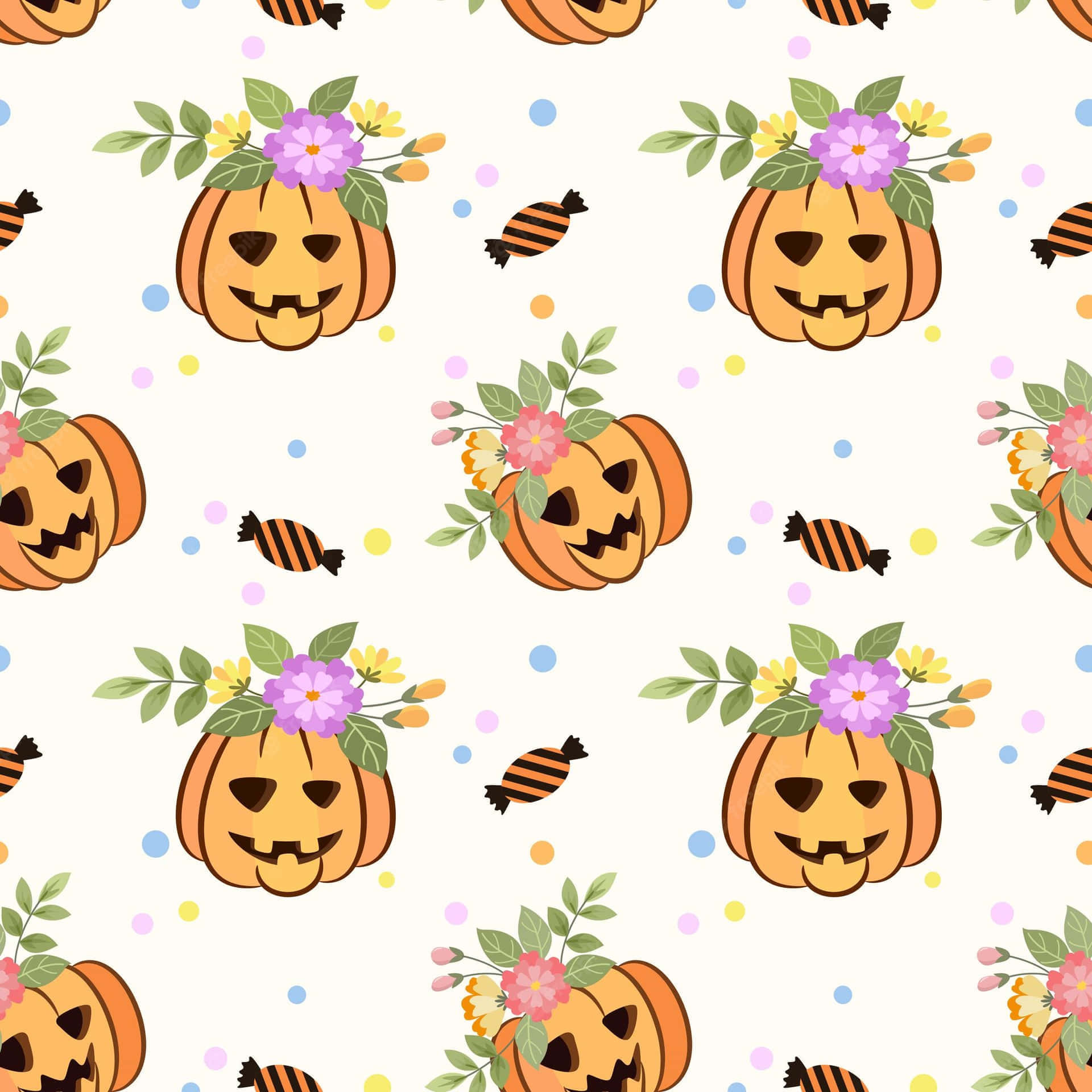 Cute Halloween Pumpkin Pattern, smiling jack-o'-lanterns, floral crowns, Full HD Desktop Wallpaper