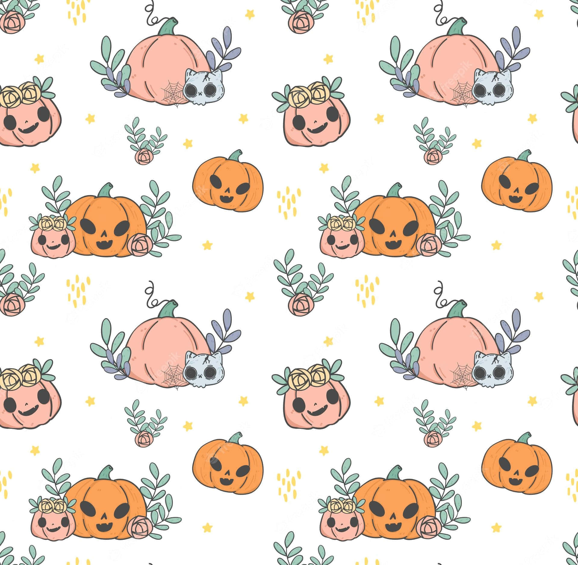 Cute Halloween Patternwith Pumpkinsand Skulls, smiling pumpkins, floral crowns, Full HD Desktop Wallpaper