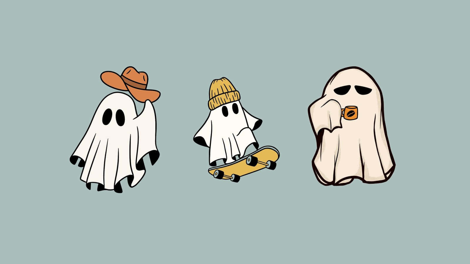 cute Halloween ghost trio, cowboy hat beanie, sunglasses, HD Desktop Wallpaper