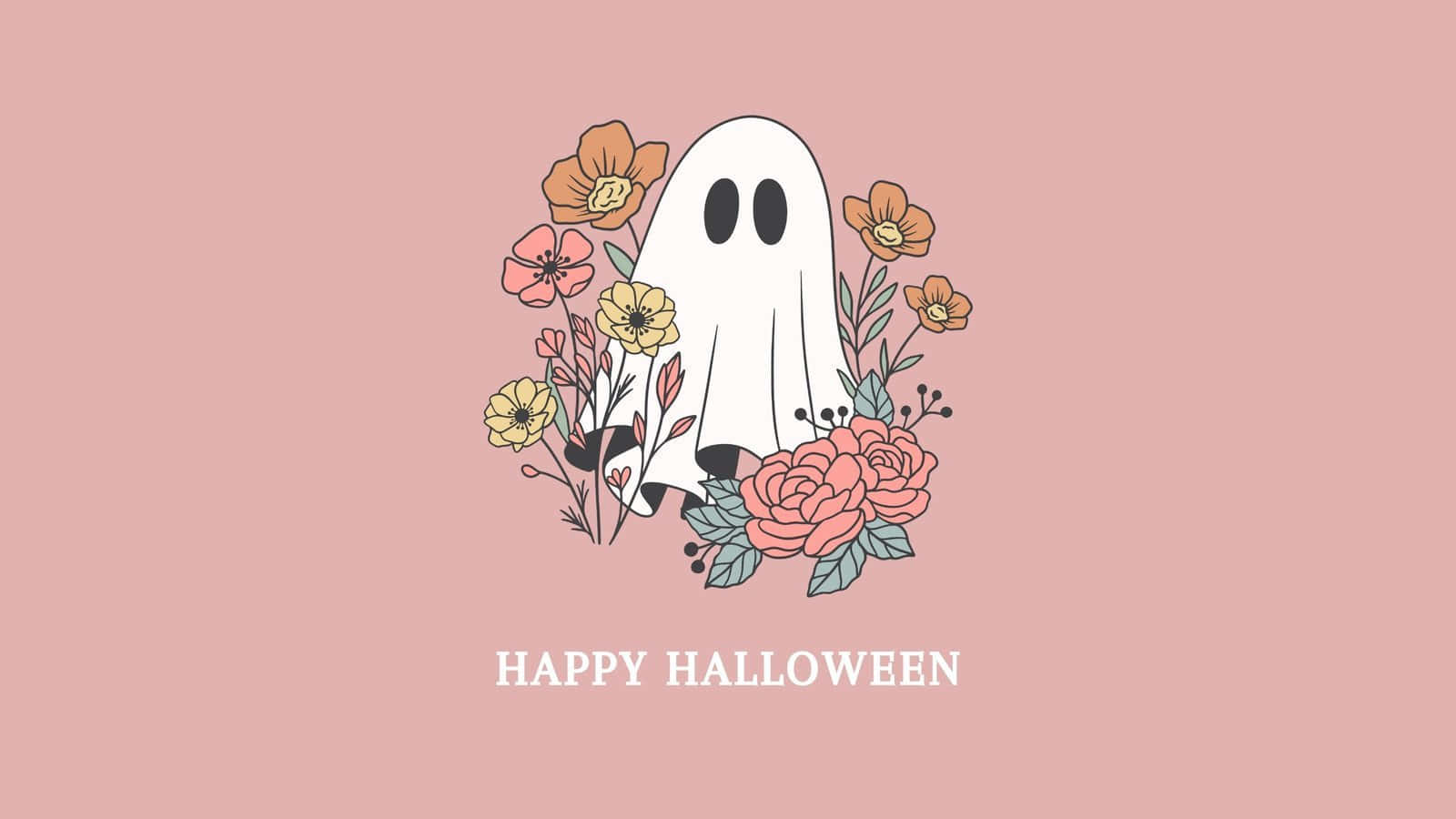 cute ghost, black eyes, colorful flowers, HD Desktop Wallpaper
