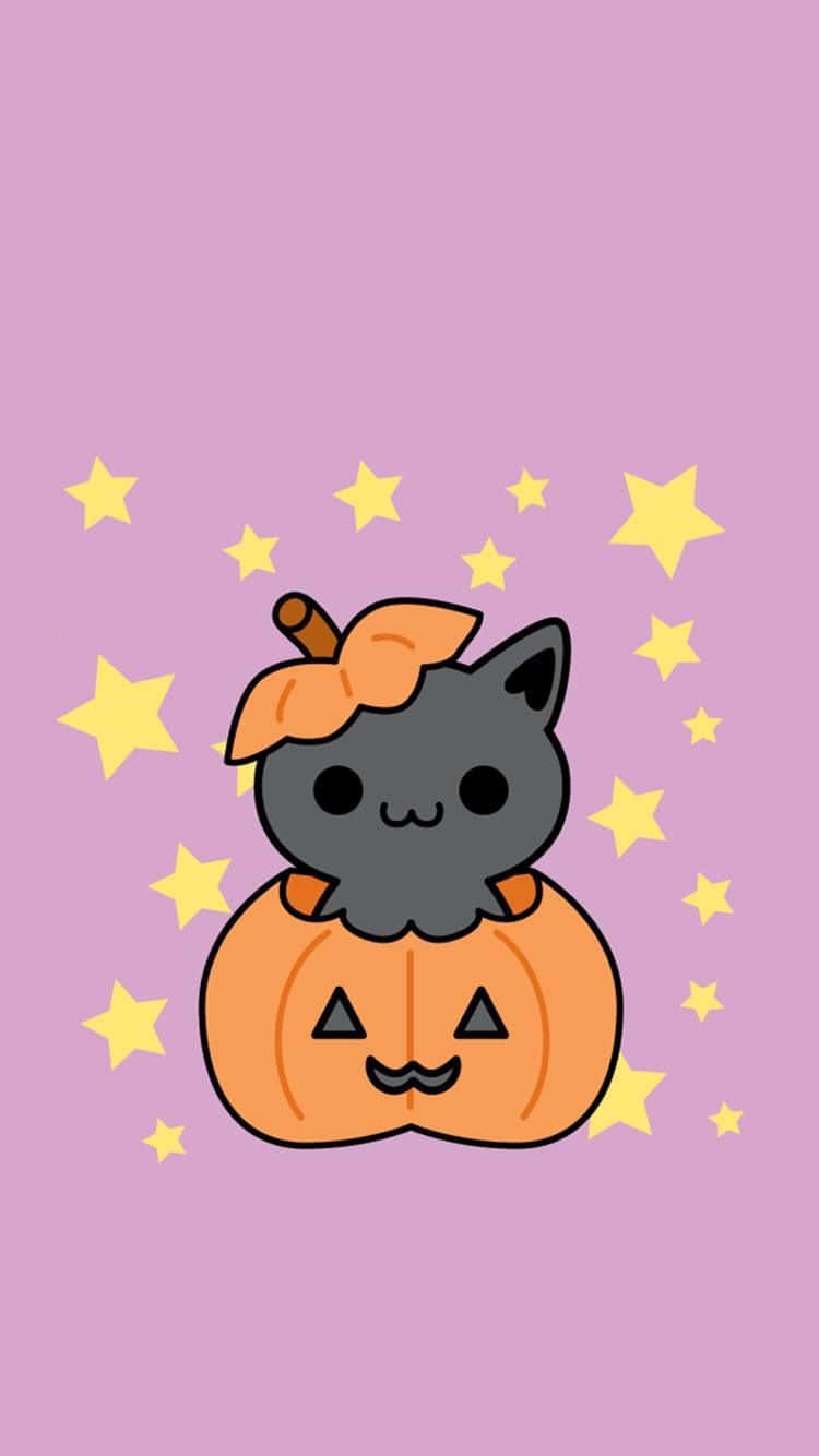 cute gray kawaii cat, orange bow, smiling jack-o-lantern, HD Phone Wallpaper