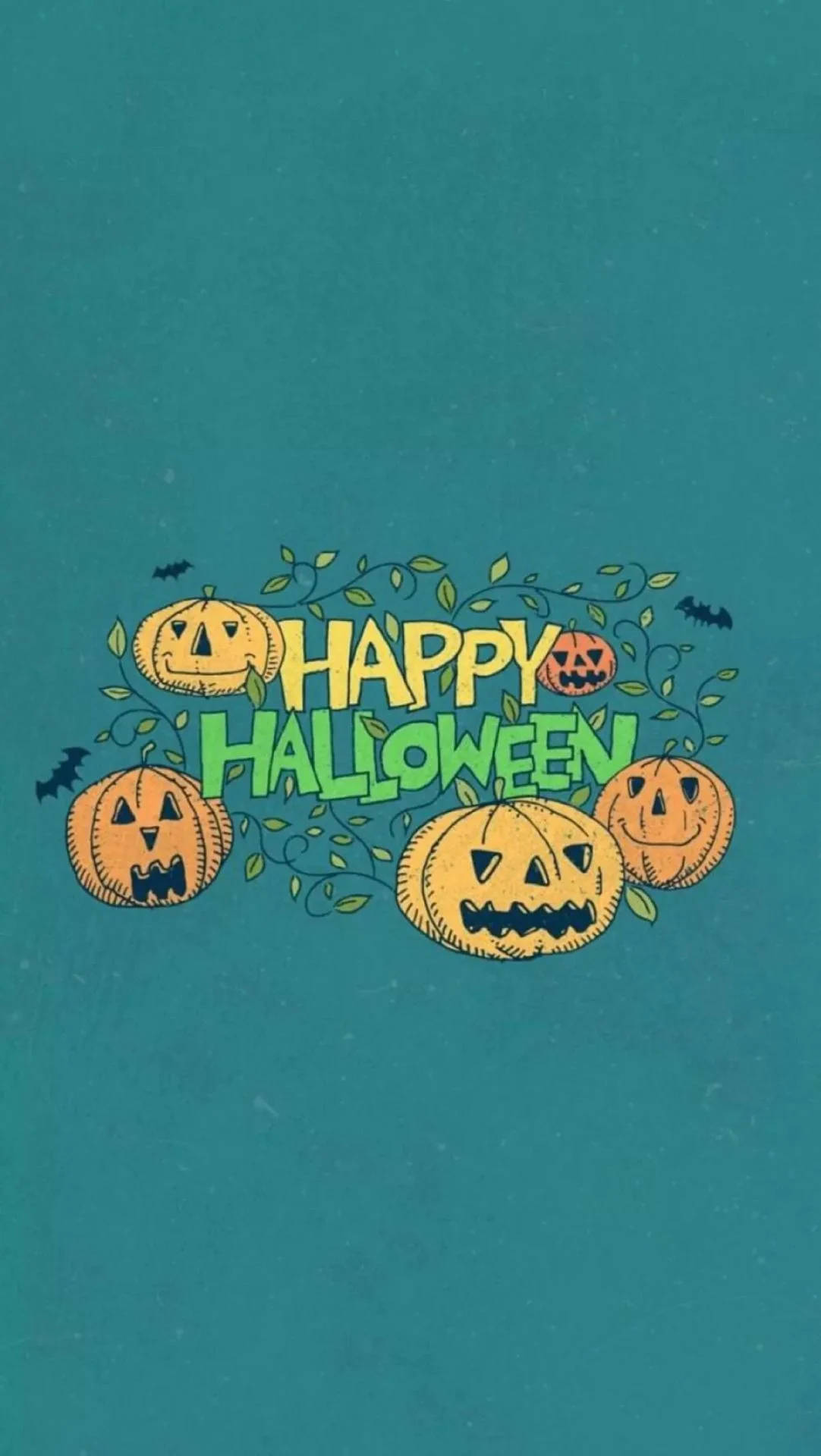 Cute Halloween iPhone Pumpkins Poster, teal background, bold yellow and green letters, Full HD Phone Wallpaper