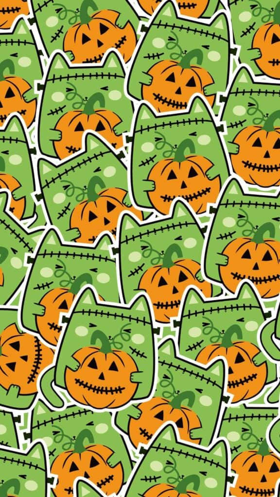 green cat-shaped pillows, orange jack-o'-lantern faces, Halloween, SD Phone Wallpaper