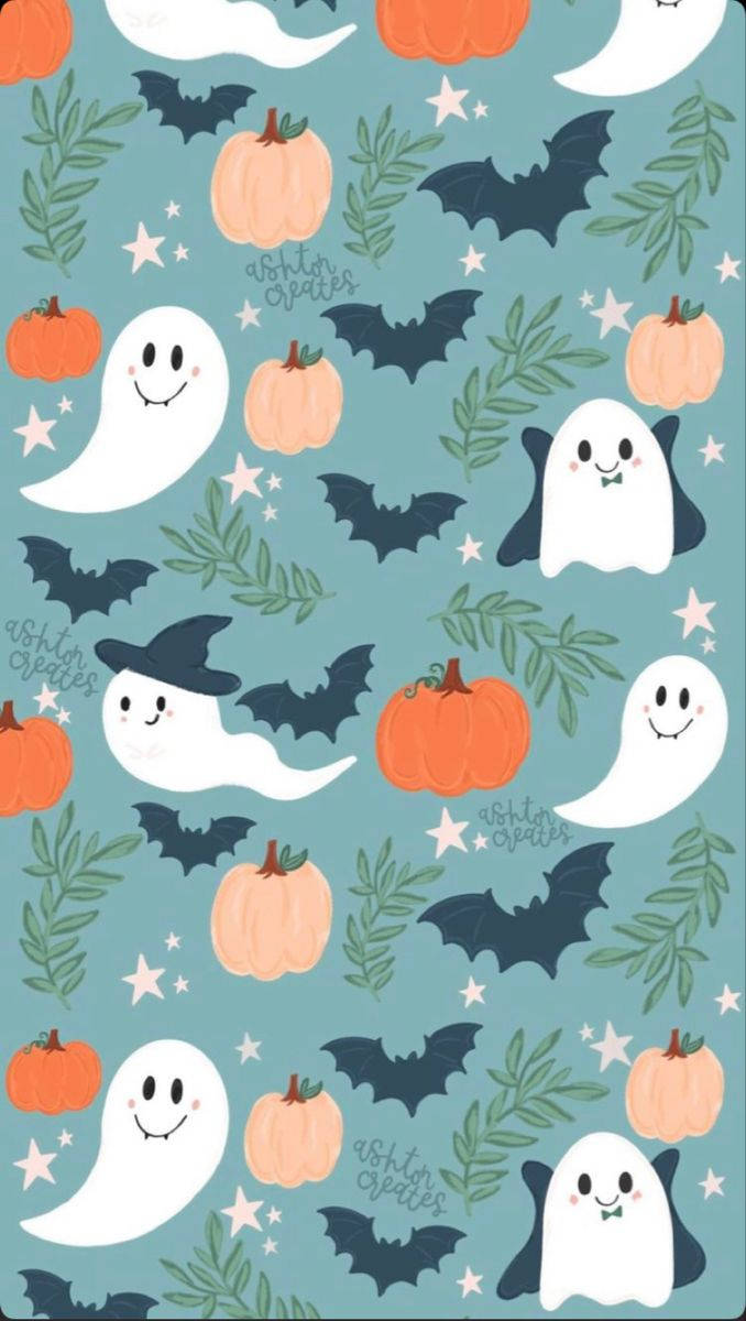 Cute Halloween iPhone, teal background, ghosts, SD Phone Wallpaper
