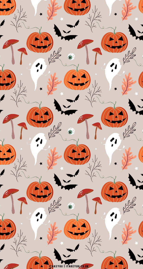 orange jack-o'-lanterns, ghosts, bats, SD Phone Wallpaper