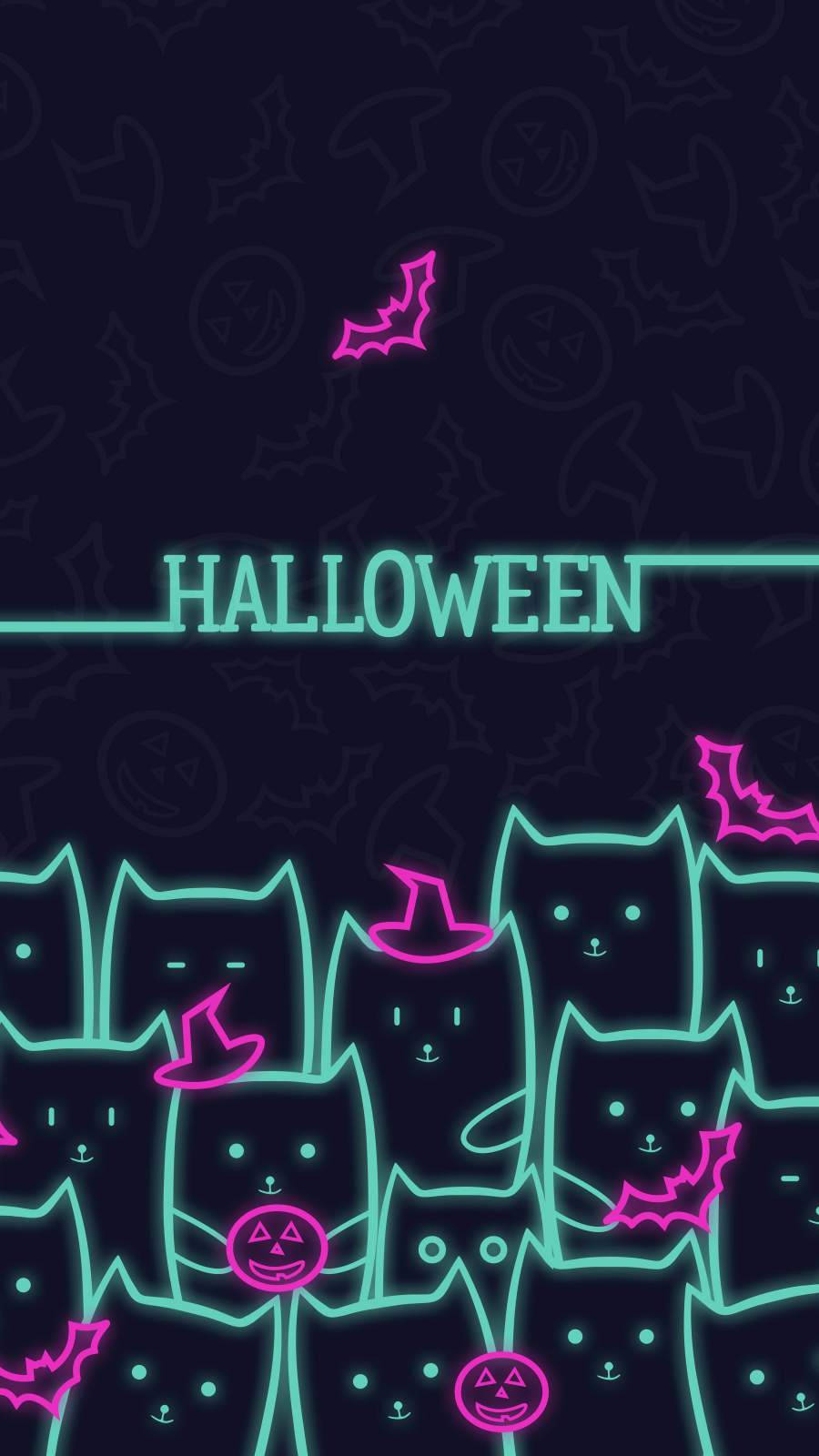 Halloween cats, bats, neon glowing, HD Phone Wallpaper