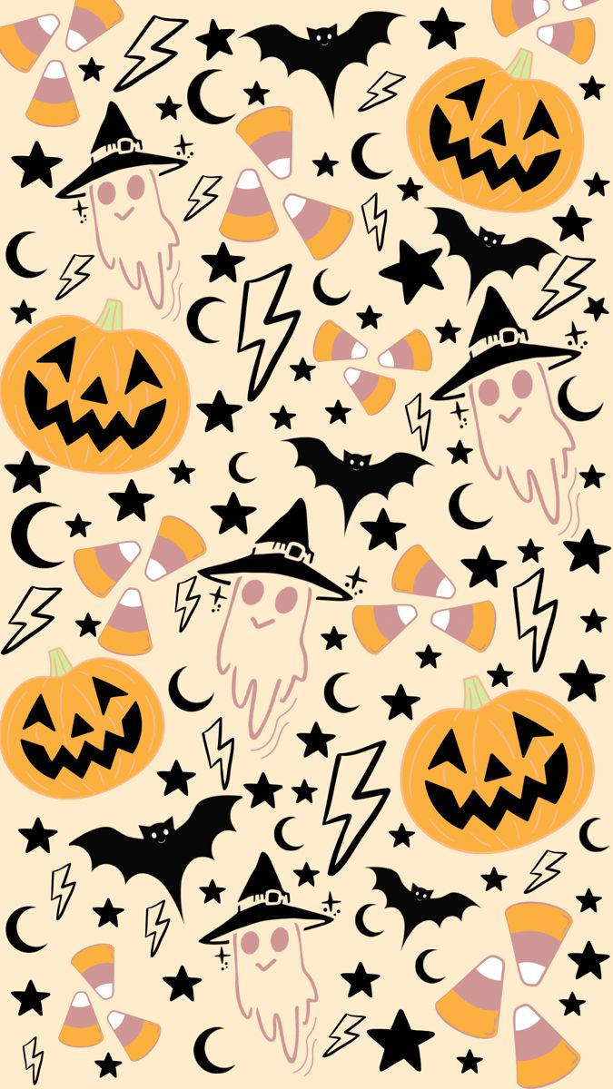 Cute Halloween Frightening Poster iPhone, smiling ghosts, pumpkins, SD Phone Wallpaper