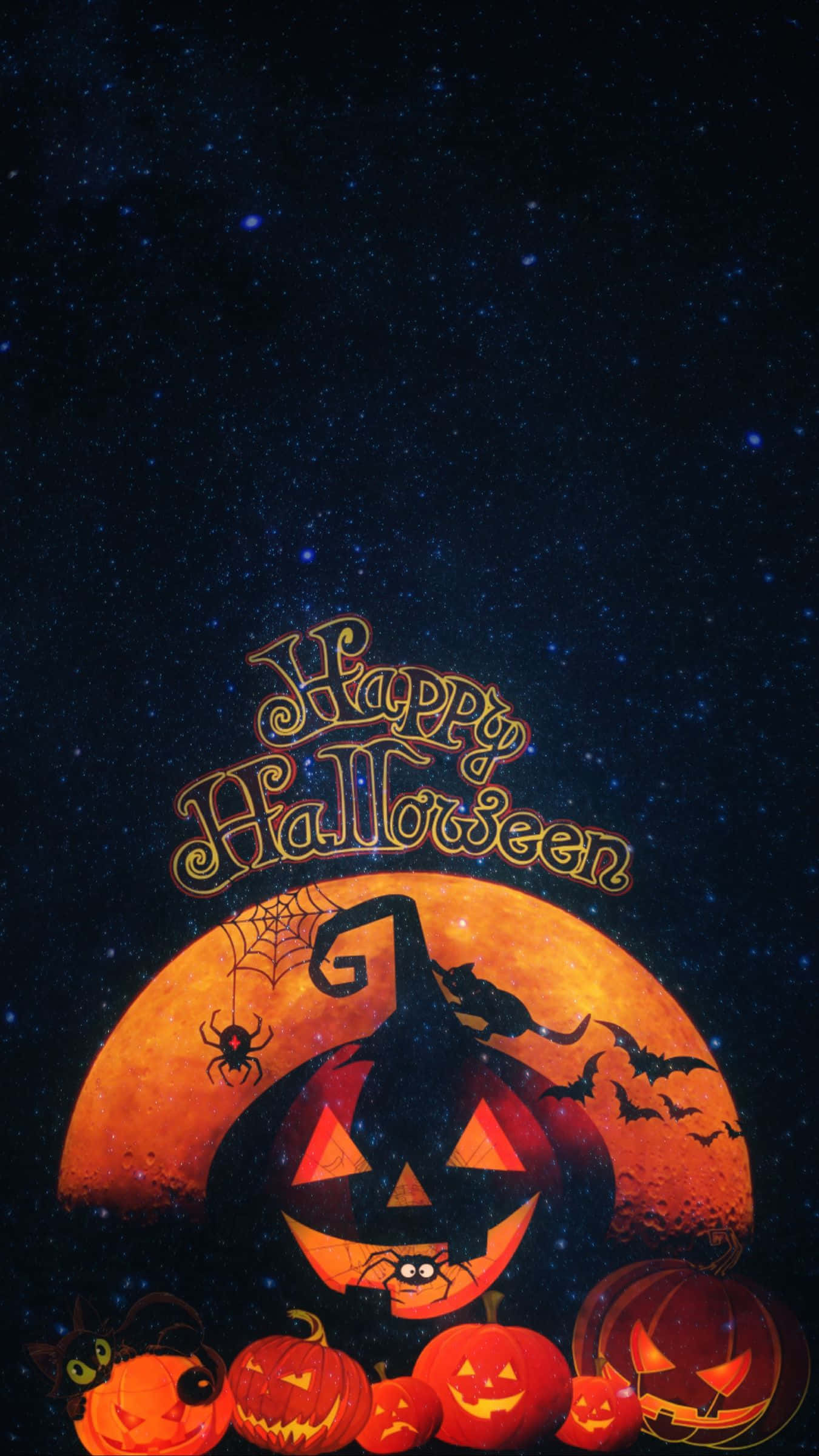 jack-o'-lantern, witch hat, orange moon, Full HD Phone Wallpaper