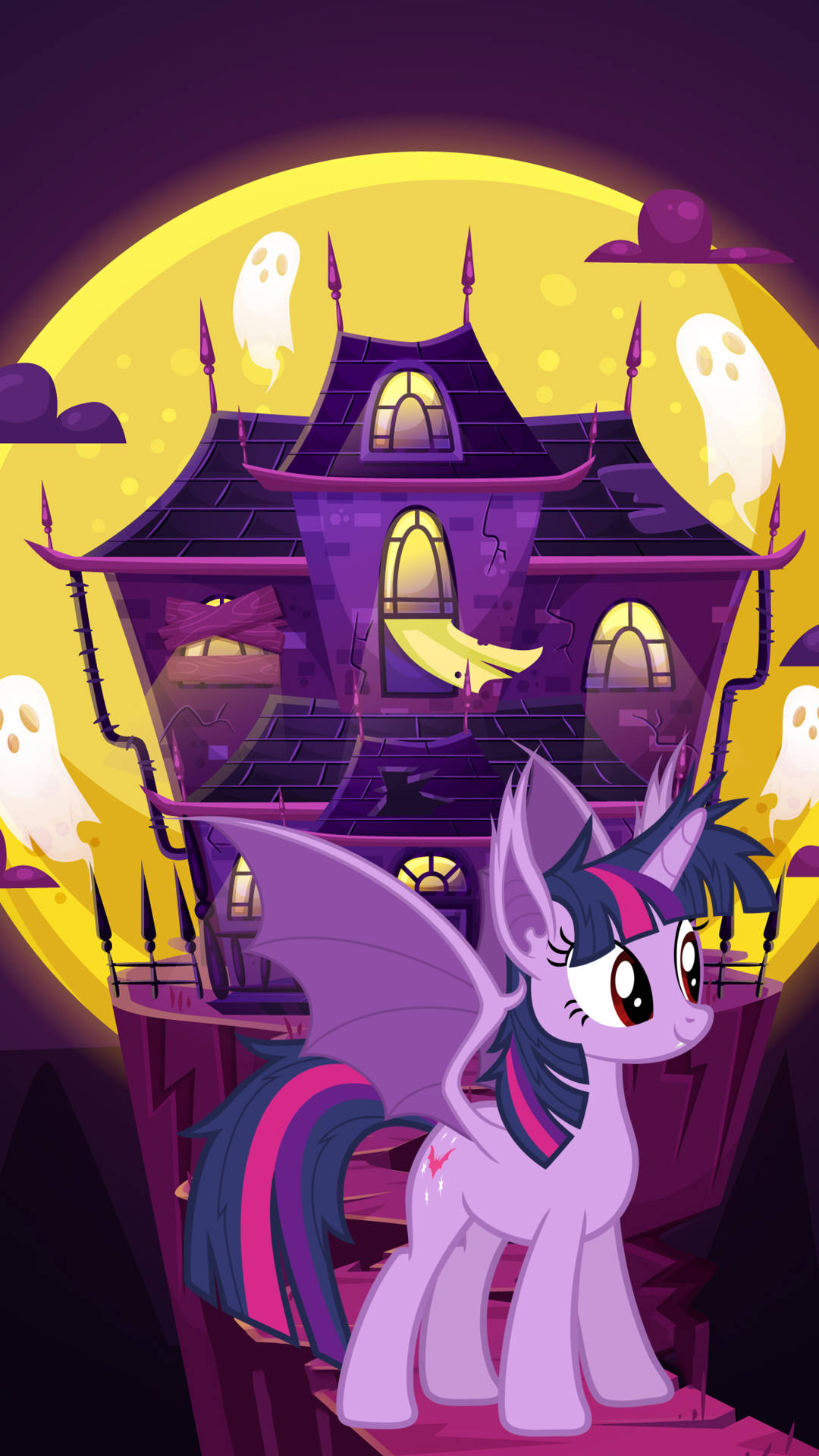 purple pony, bat wings, spooky haunted house, Full HD Phone Wallpaper