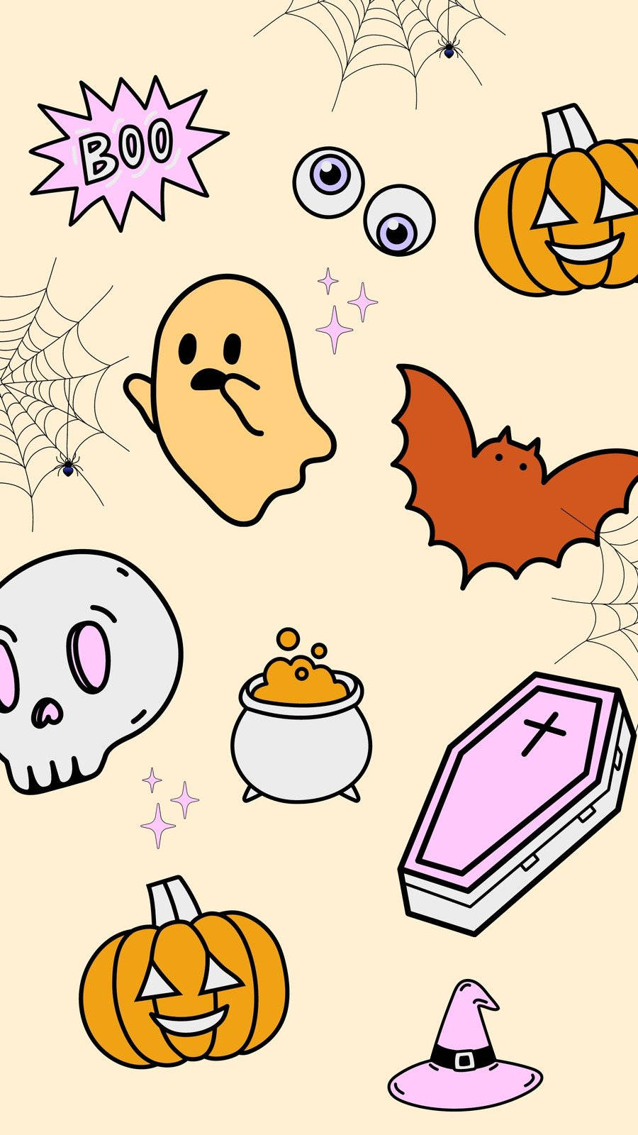 Halloween icons, cartoon ghosts, bats, HD Phone Wallpaper