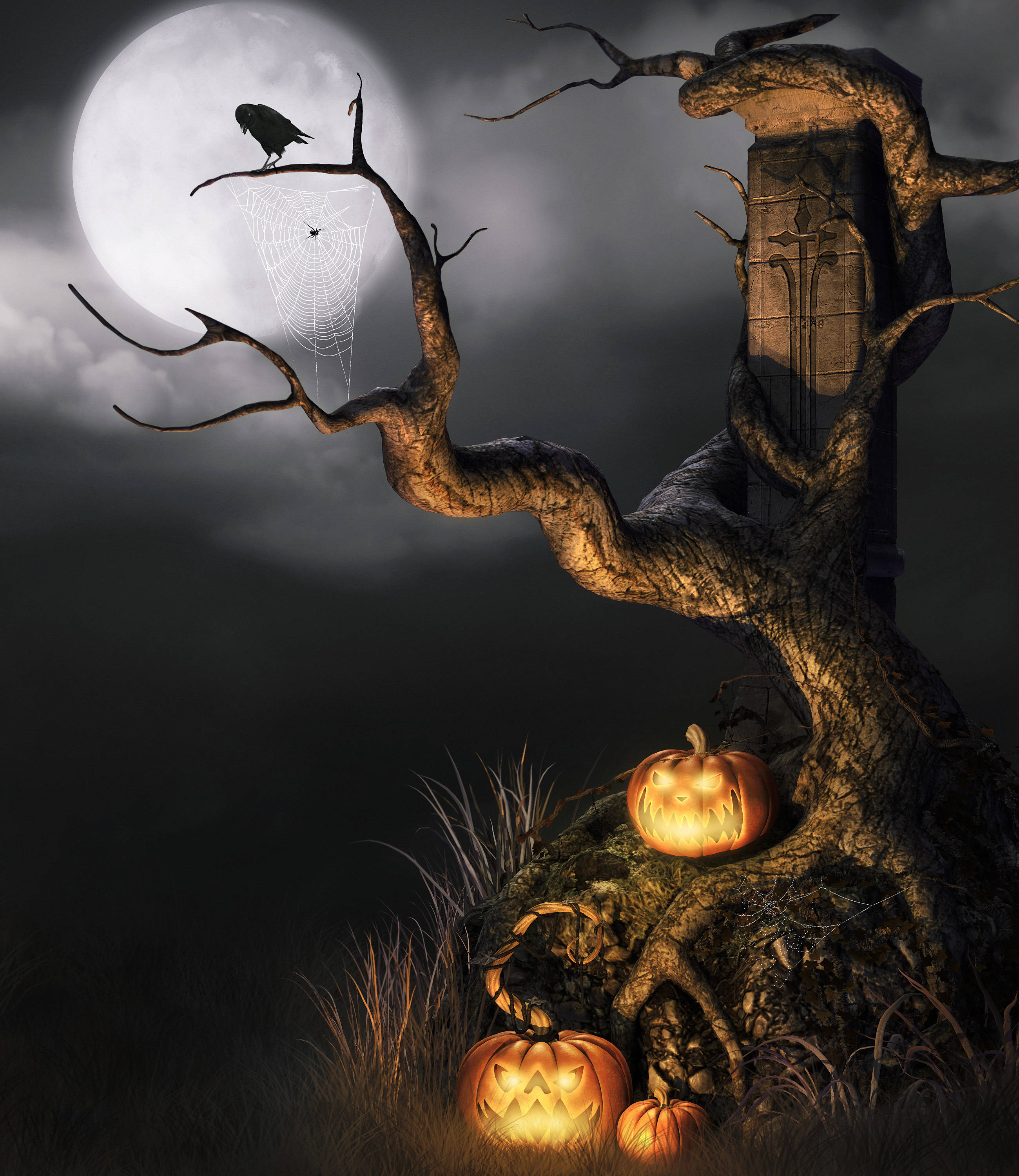 Halloween, glowing jack-o'-lanterns, full moon, 2K Phone Wallpaper