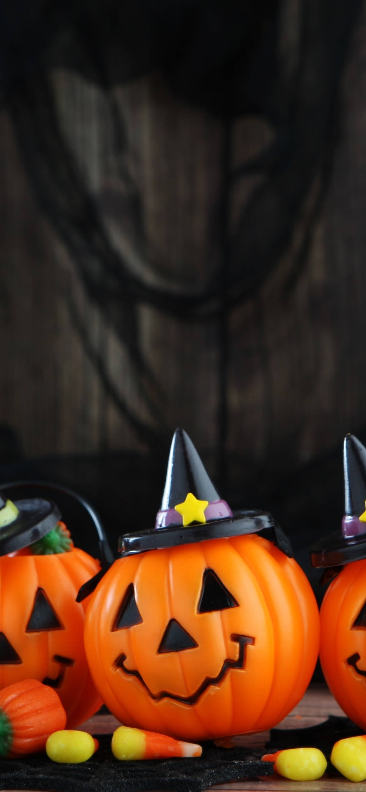 orange plastic pumpkins, witch hats, jack-o-lantern faces, Full HD Phone Wallpaper