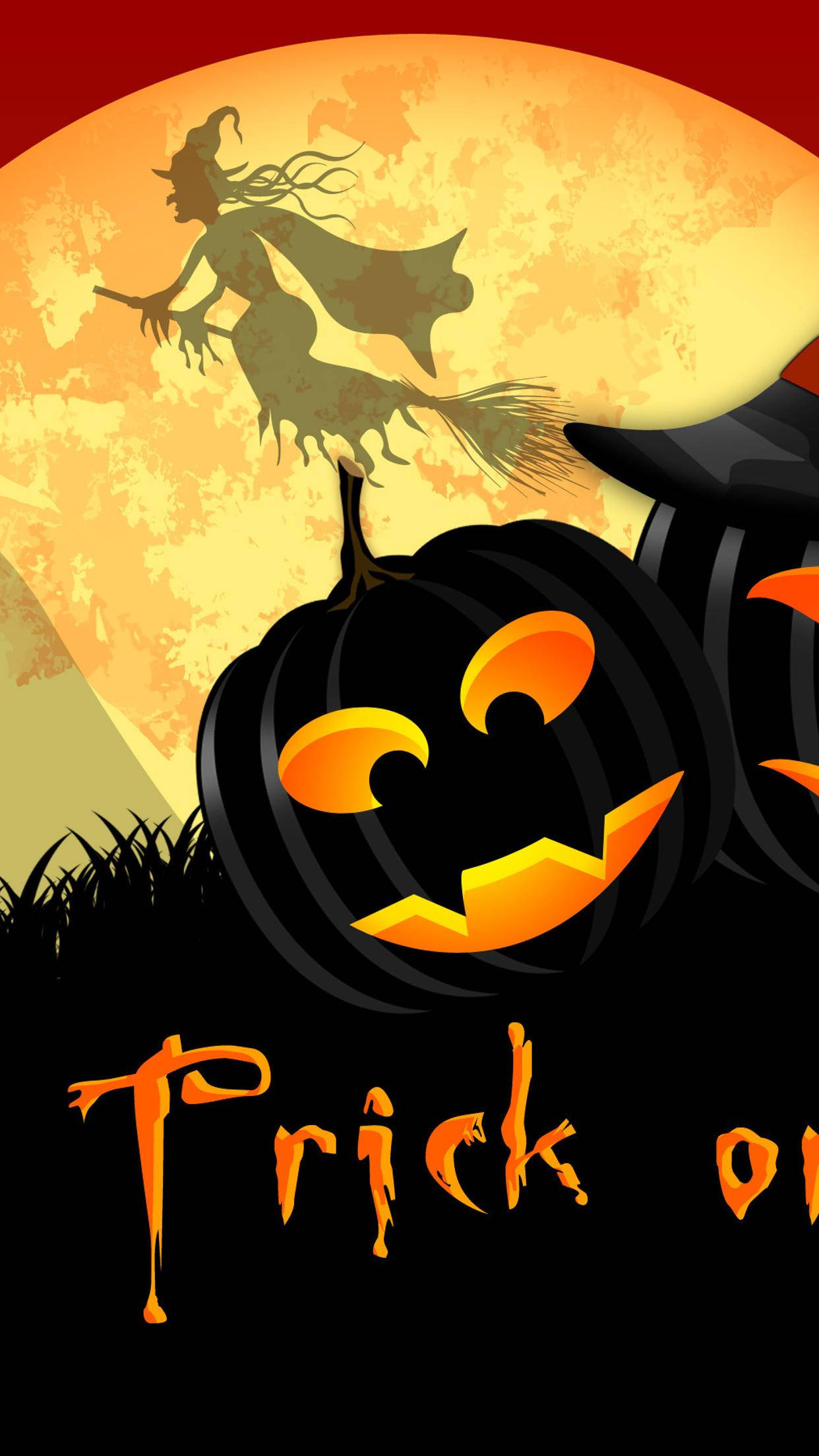 witch, broomstick, glowing orange moon, Full HD Phone Wallpaper