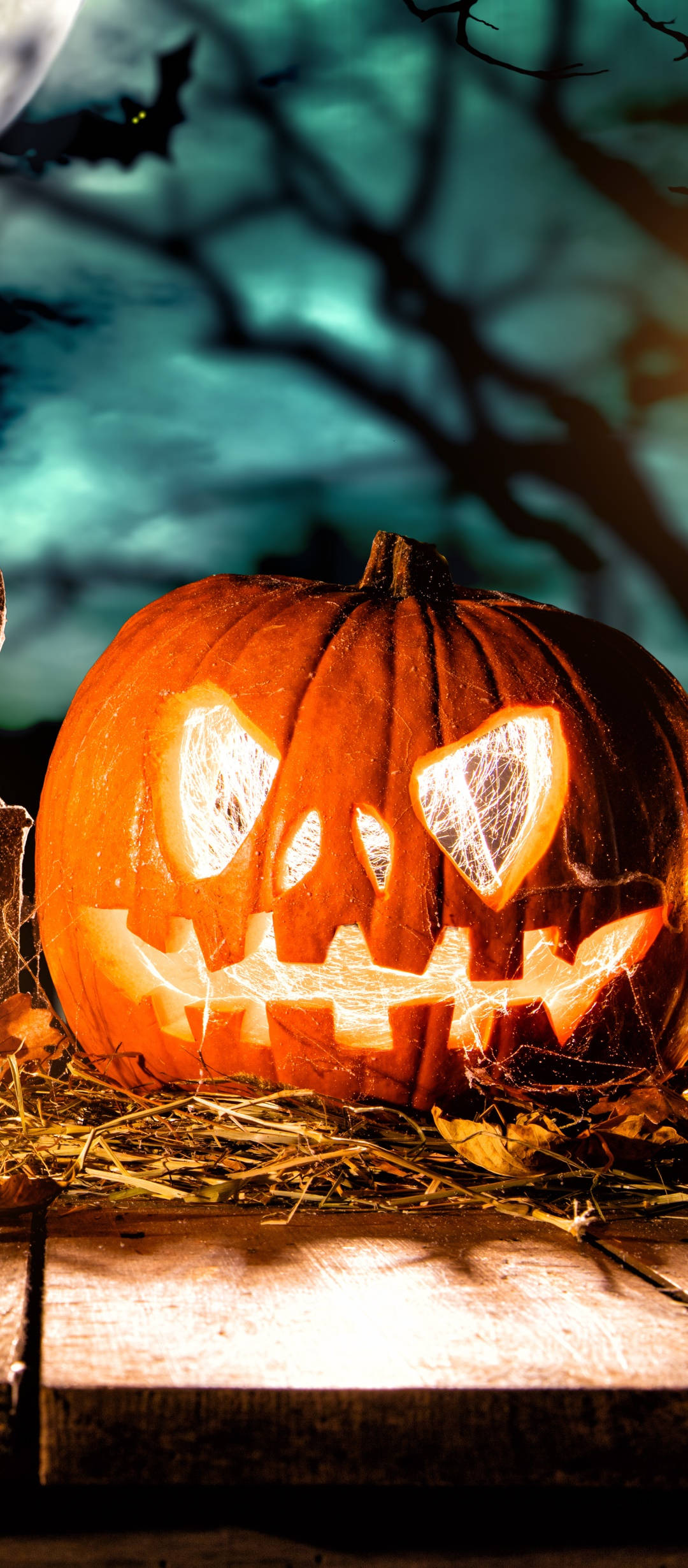 jack-o'-lantern, heart-shaped eyes, moonlit sky, Full HD Phone Wallpaper